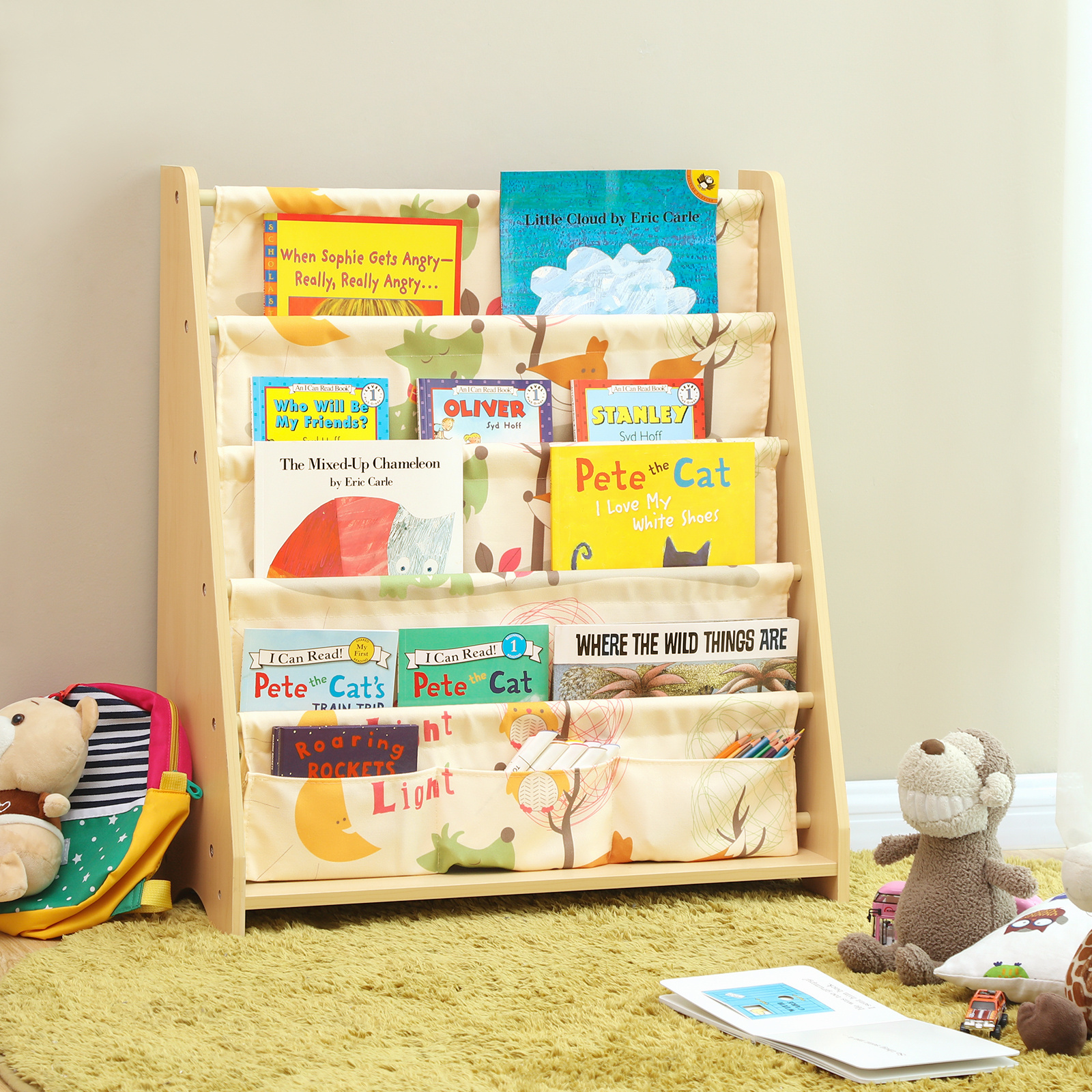 SONGMICS kids 4 Tier Fabric Book Shelves wooden Children's Sling bookcase