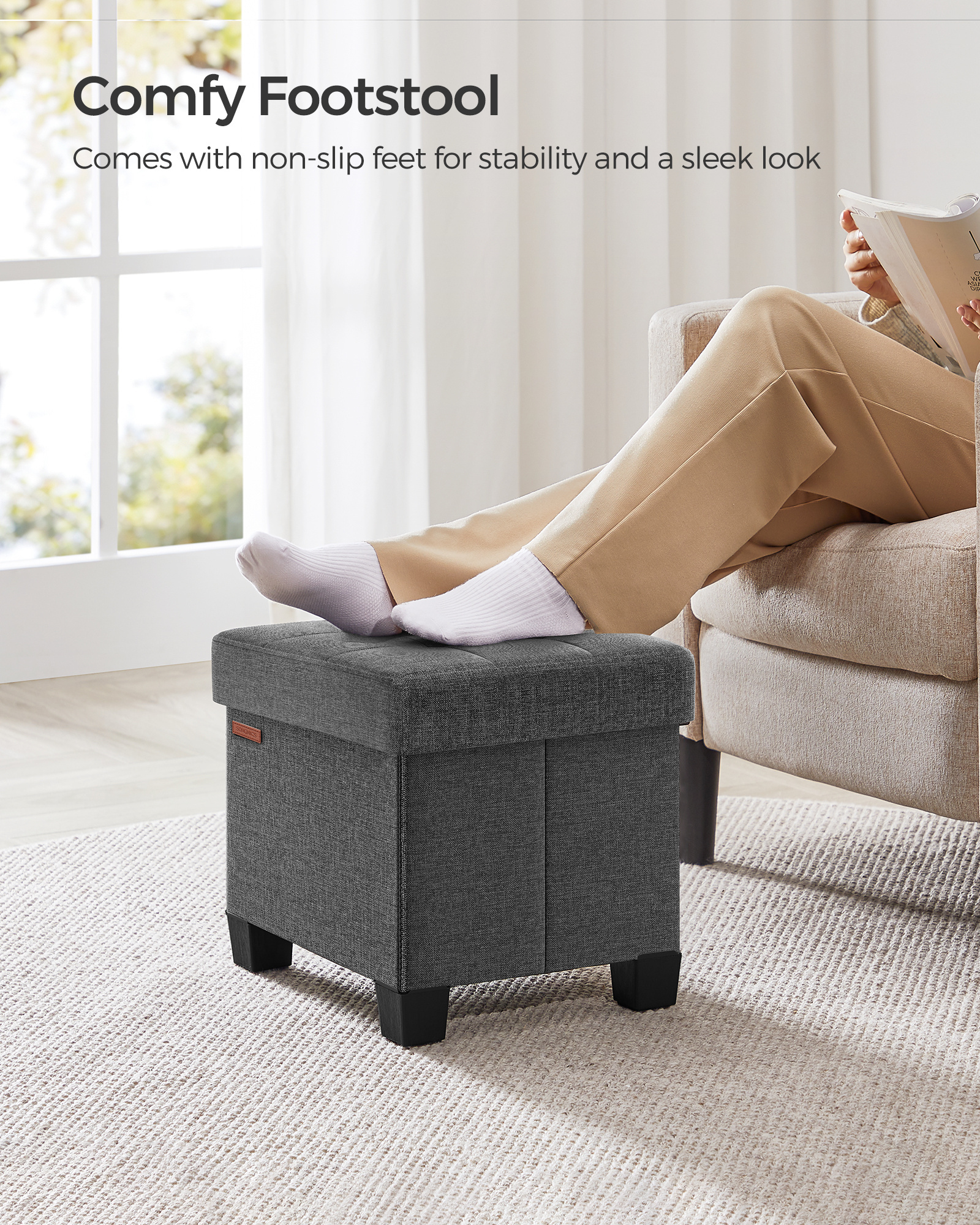 SONGMICS Wooden Legs Ottomans Legs Linen Gray Storage Cube Seat Storage Ottoman Footstool for Bedroom