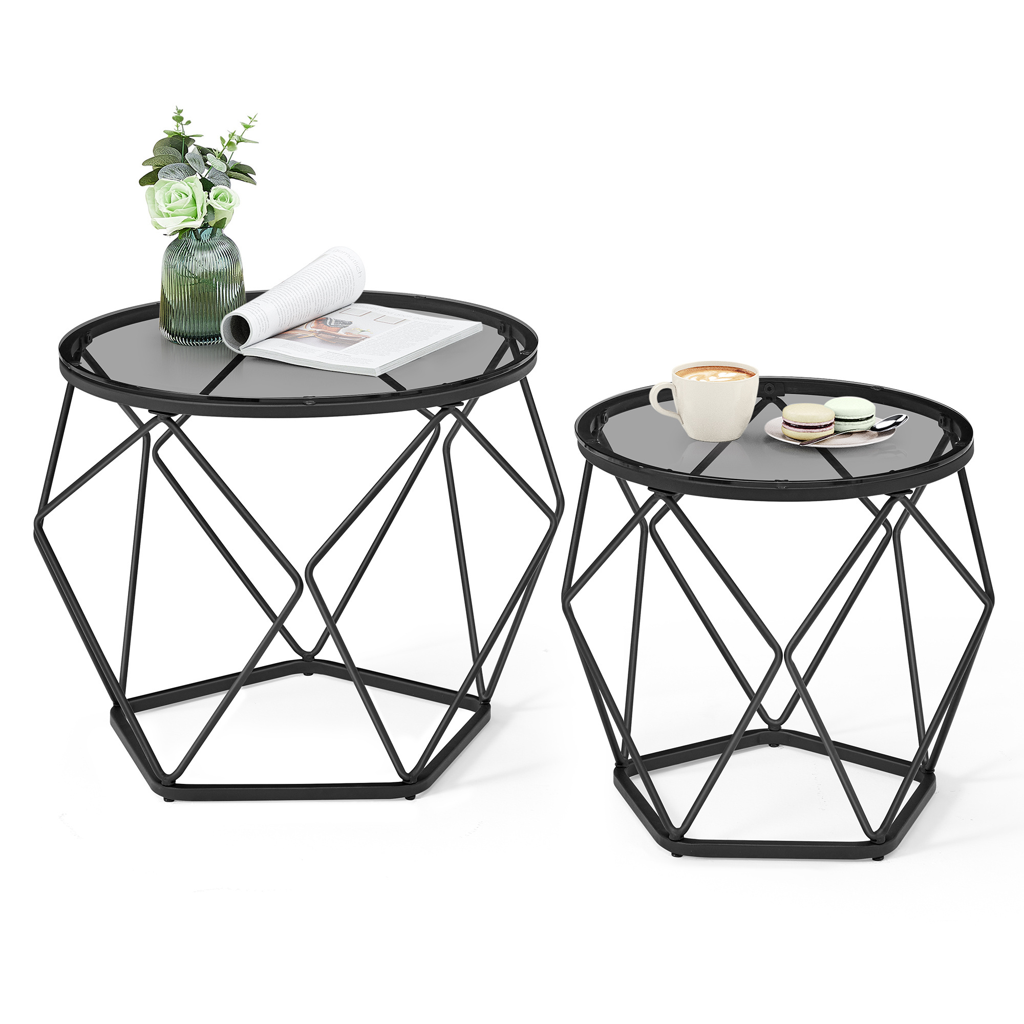 VASAGLE New Set of 2 Black Iron Frame Gray Glass Side Table Removable Table Top Round Coffee Table