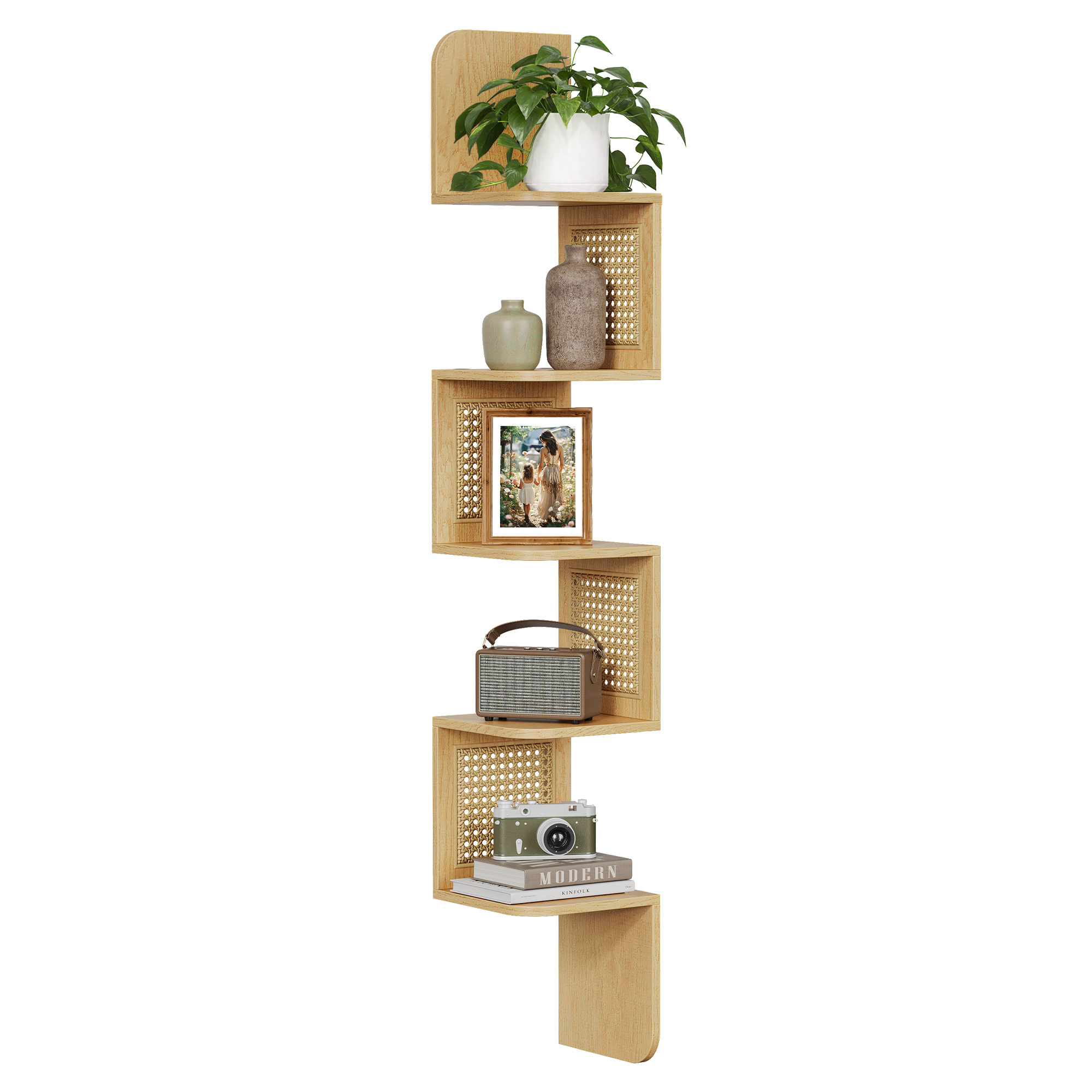 VASAGLE 5 Tier Floating Shelf Living Room Boho Style Corner Shelf PVC Rattan Wall Shelf