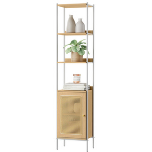 VASAGLE Metal Frame Slim Bookshelf Rattan-Like Door Freestanding Storage Shelf Adjustable 6-Tier Bookcase