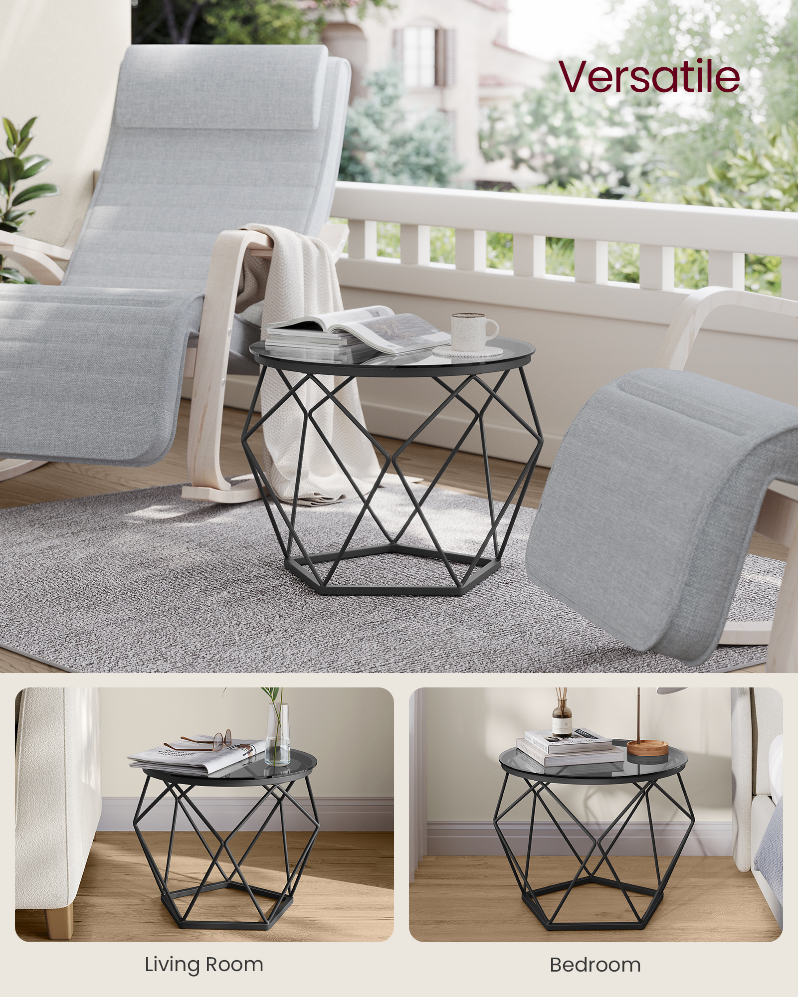 VASAGLE New Set of 2 Black Iron Frame Gray Glass Side Table Removable Table Top Round Coffee Table