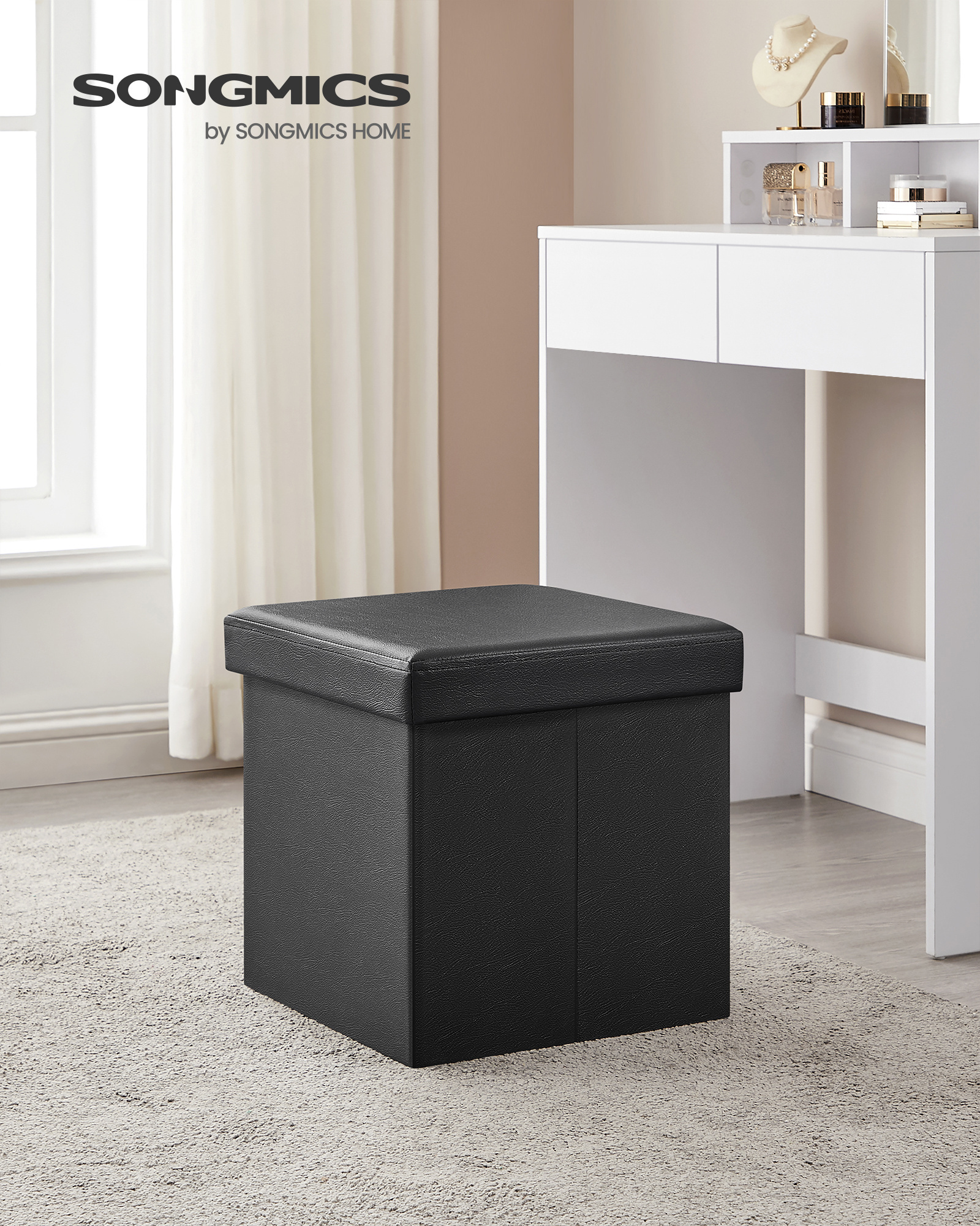 SONGMICS Cube Folding Storage Bench Black Faux Leather Folding Stool Ottoman