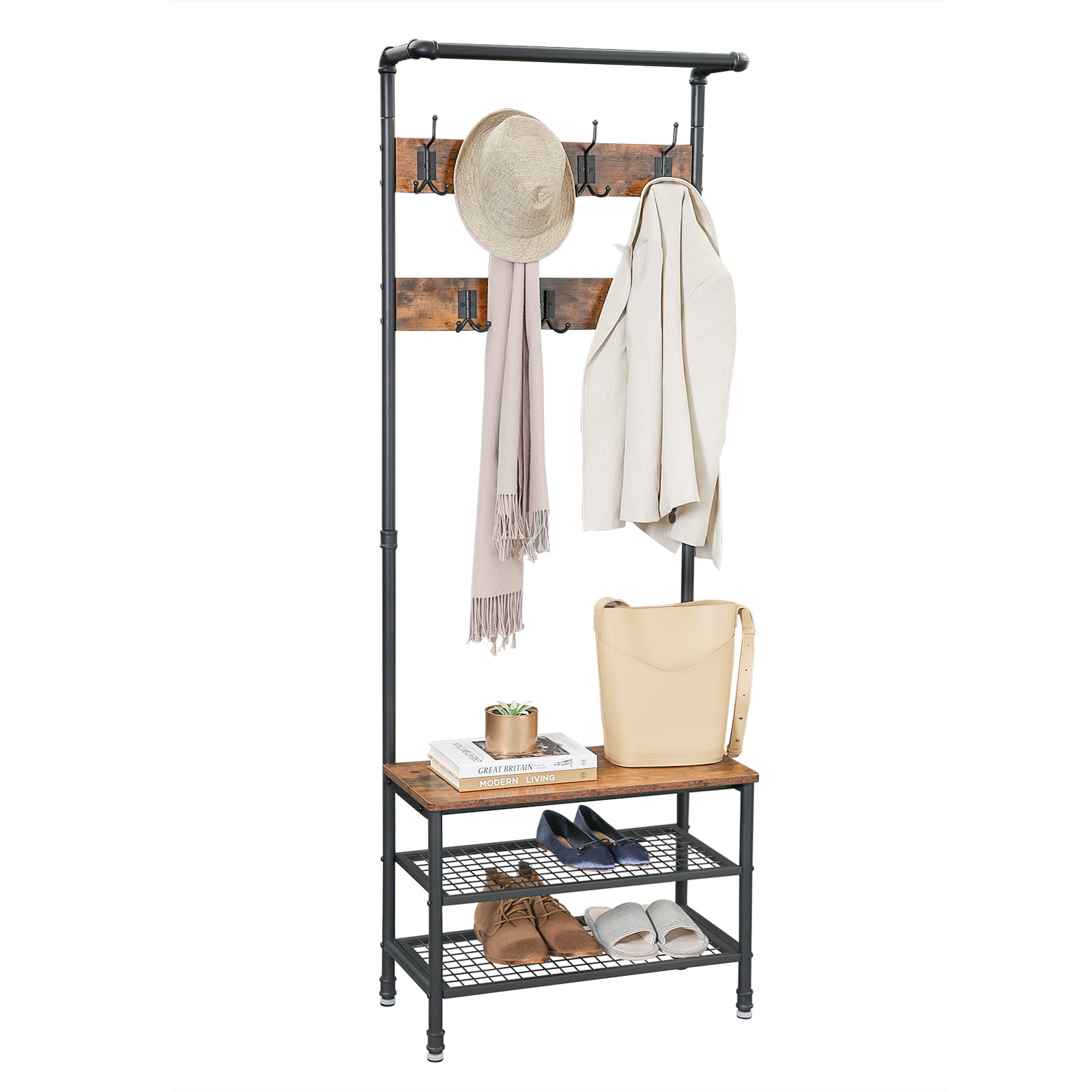 Hallaway Coat Rack Industrial Style Furniture Metal Frame Wooden Multipurpose Clothes Hanger Stand MDF& Wood with Shoe Cabinet