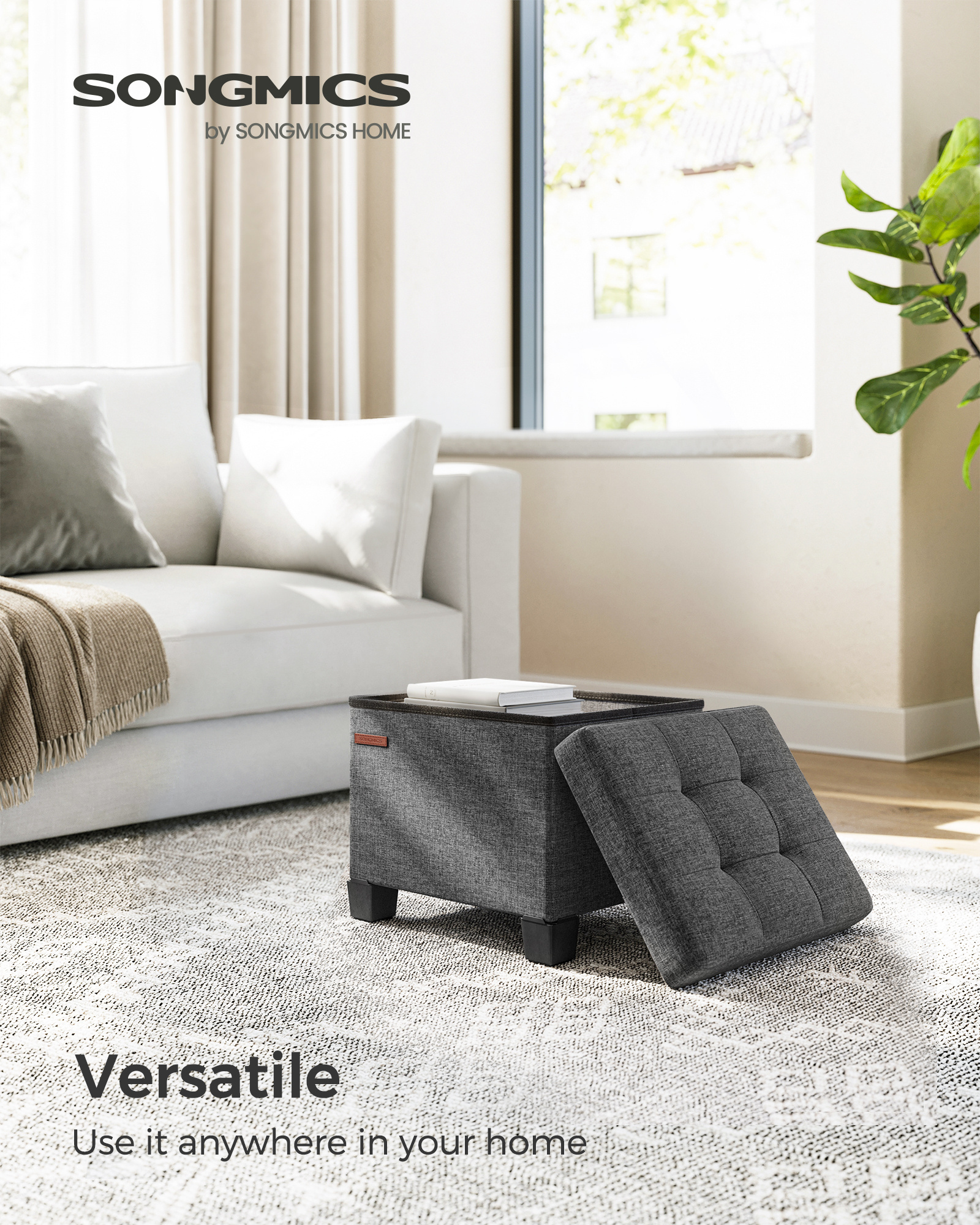 SONGMICS Wooden Legs Ottomans Legs Linen Gray Storage Cube Seat Storage Ottoman Footstool for Bedroom