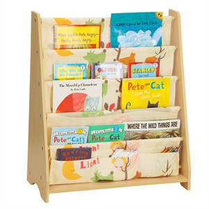 SONGMICS kids 4 Tier Fabric Book Shelves wooden Children's Sling bookcase