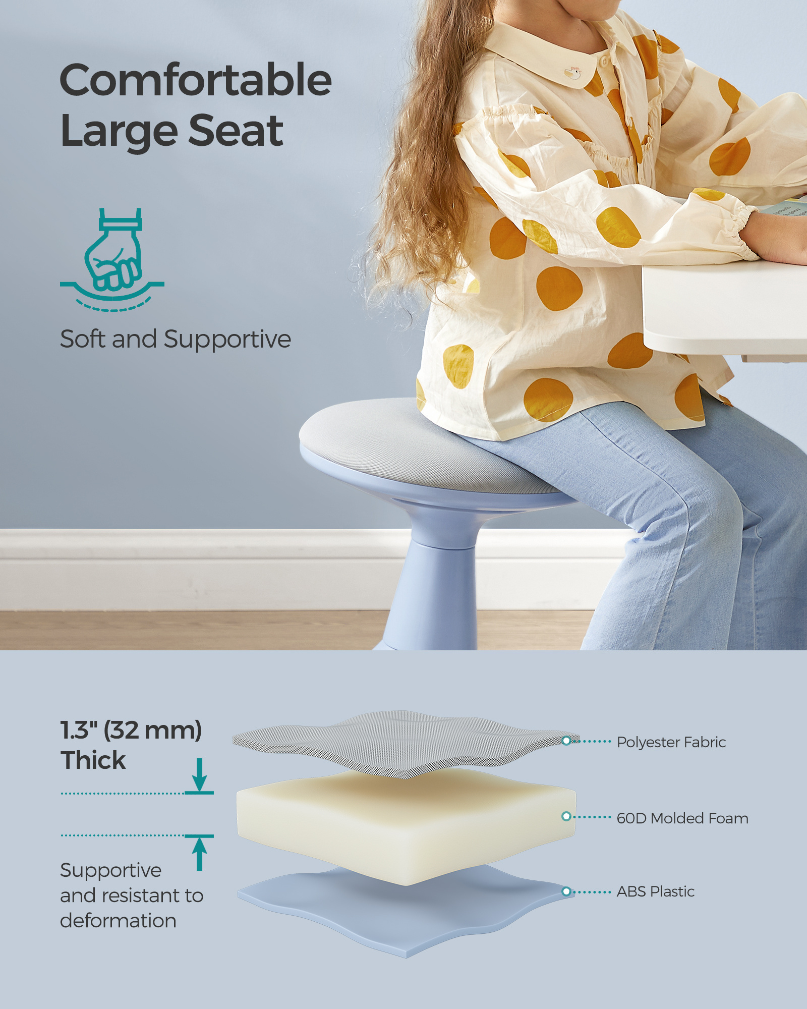 SONGMICS Wiggle Stool for Kids Breathable Fabric Comfortable 60D Foam Seat Standing Chair Kids Wobble Chair