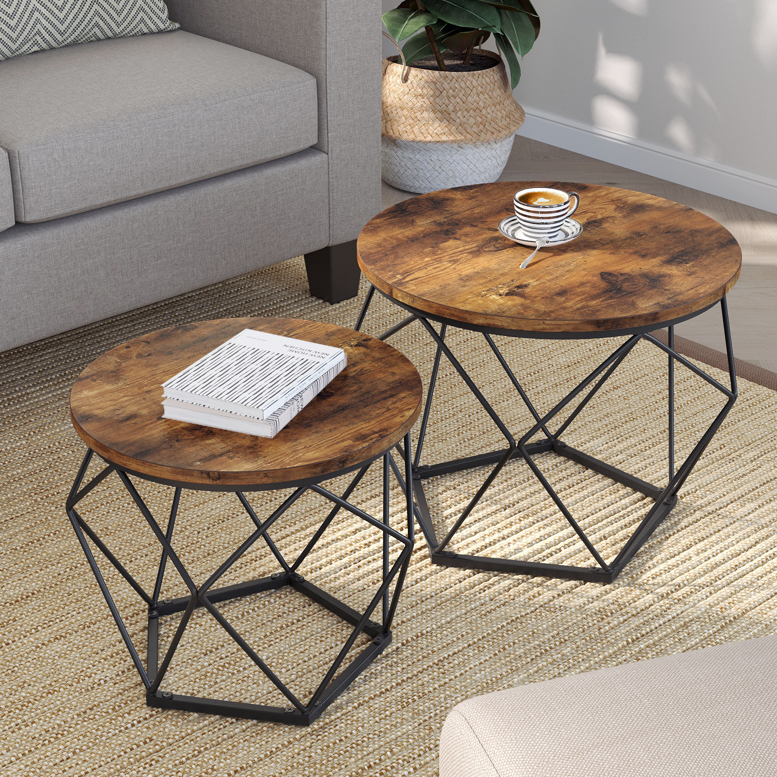 VASAGLE New Modern Design Profiled Side Tables Wood Small Coffee Table  Set With Storage