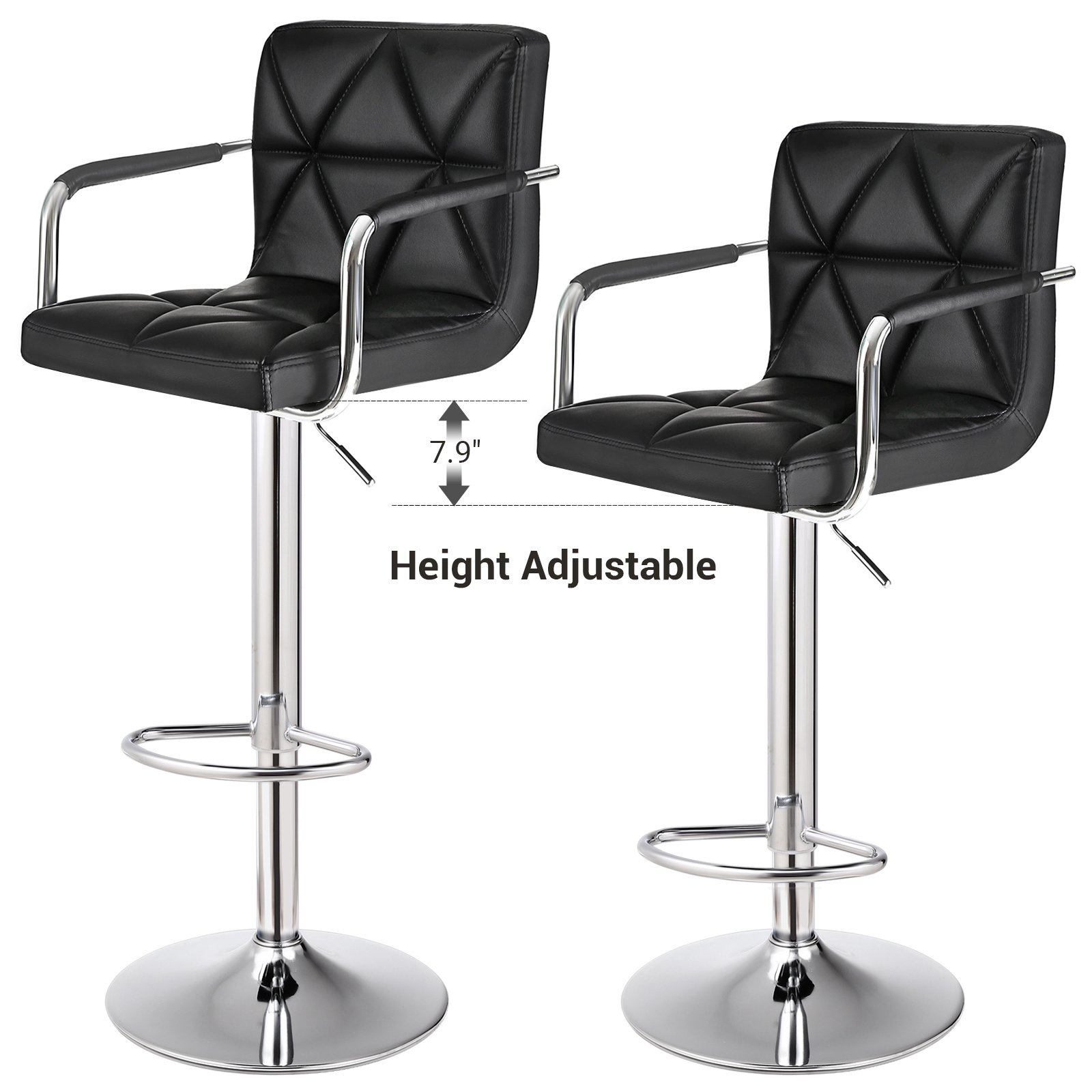 Modern Adjustable  Tall BarStool  metal base PU leather seat swivel bar stool high bar chair stool with Back Rest Arms