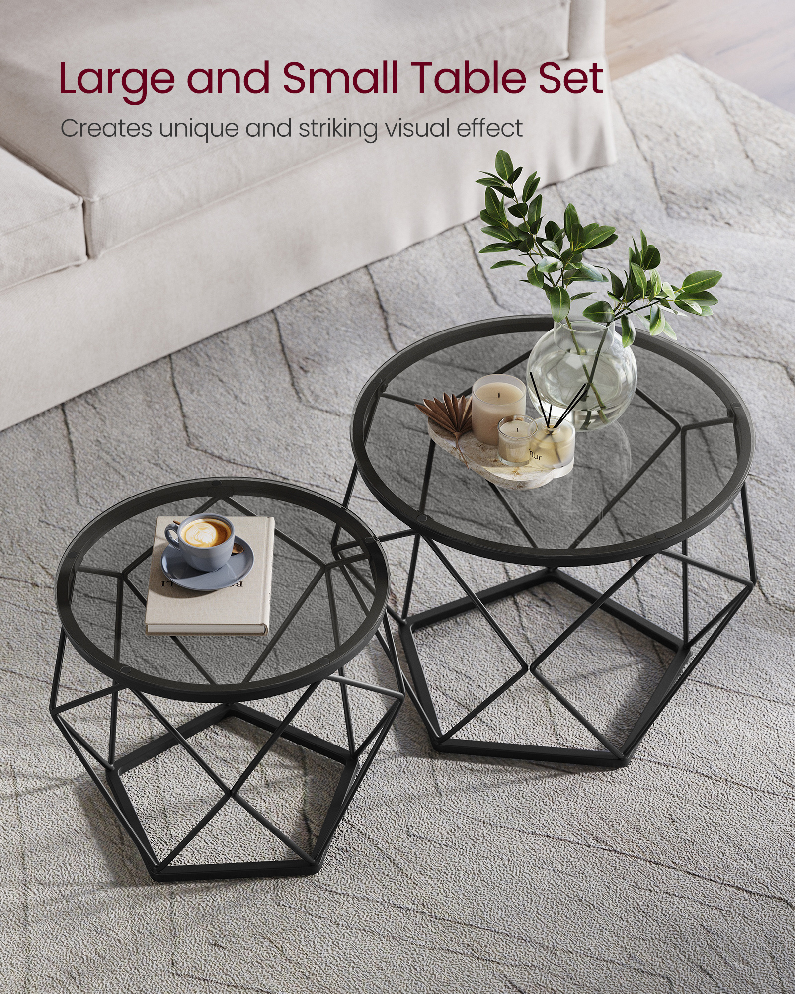 VASAGLE New Set of 2 Black Iron Frame Gray Glass Side Table Removable Table Top Round Coffee Table