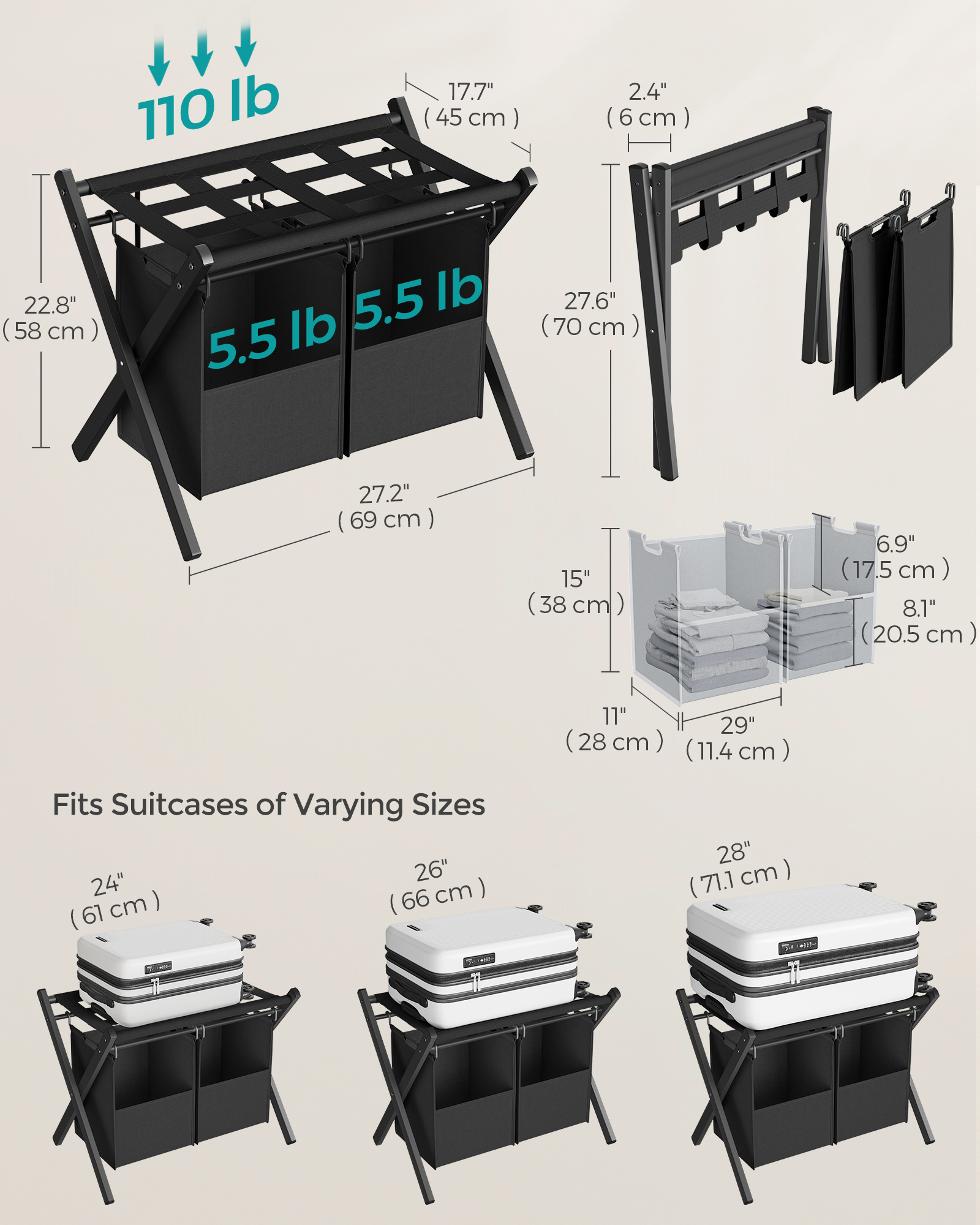 SONGMICS Guest Room Foldable Suitcase Stands 2 Pack Luggage Racks with 2 Removable Laundry Bag