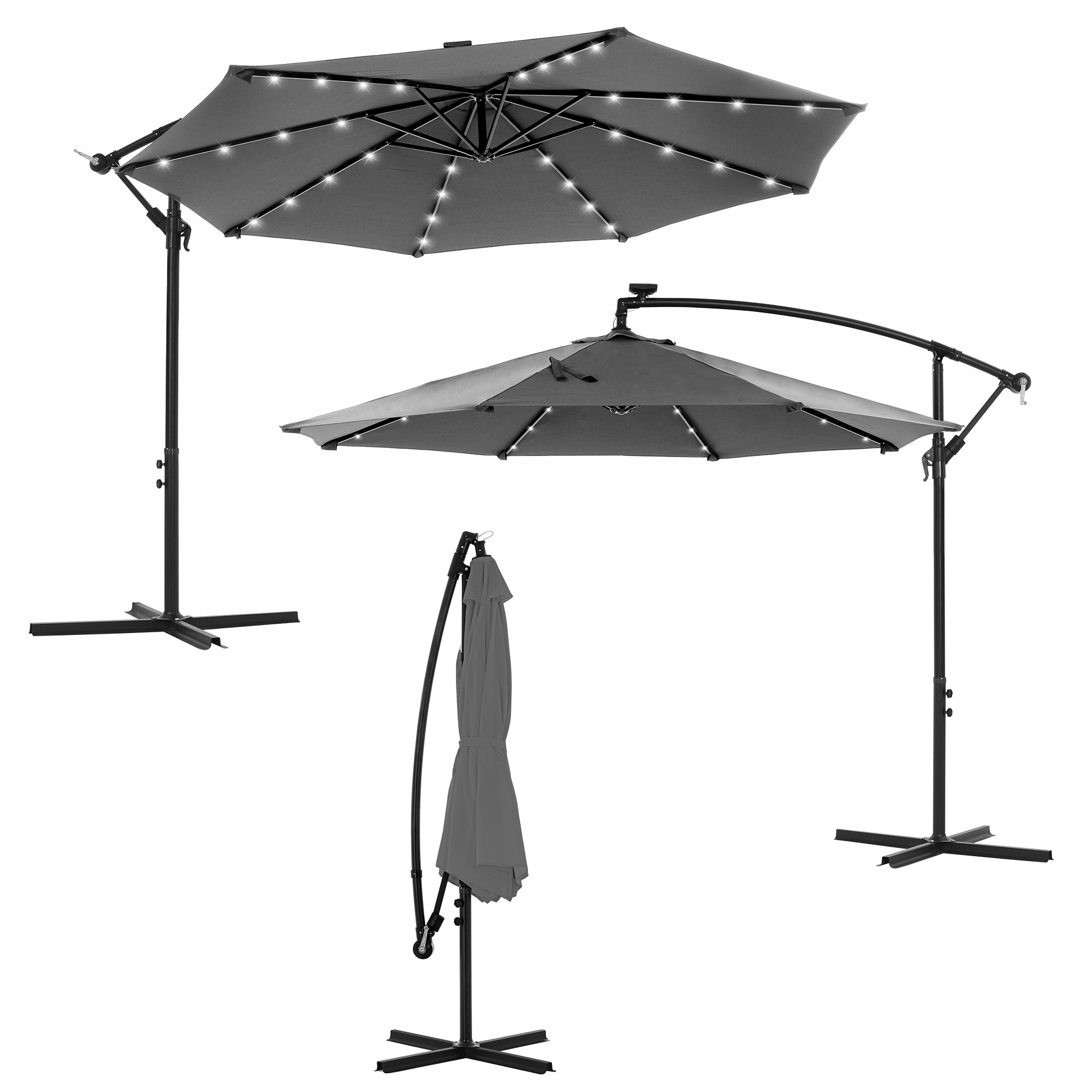 SONGMICS 8 FT 3M 8 Ribs Luxury Foldable Garden Umbrella Big Size Steel Solar LED Outdoor cantilever parasol Patio Umbrellas