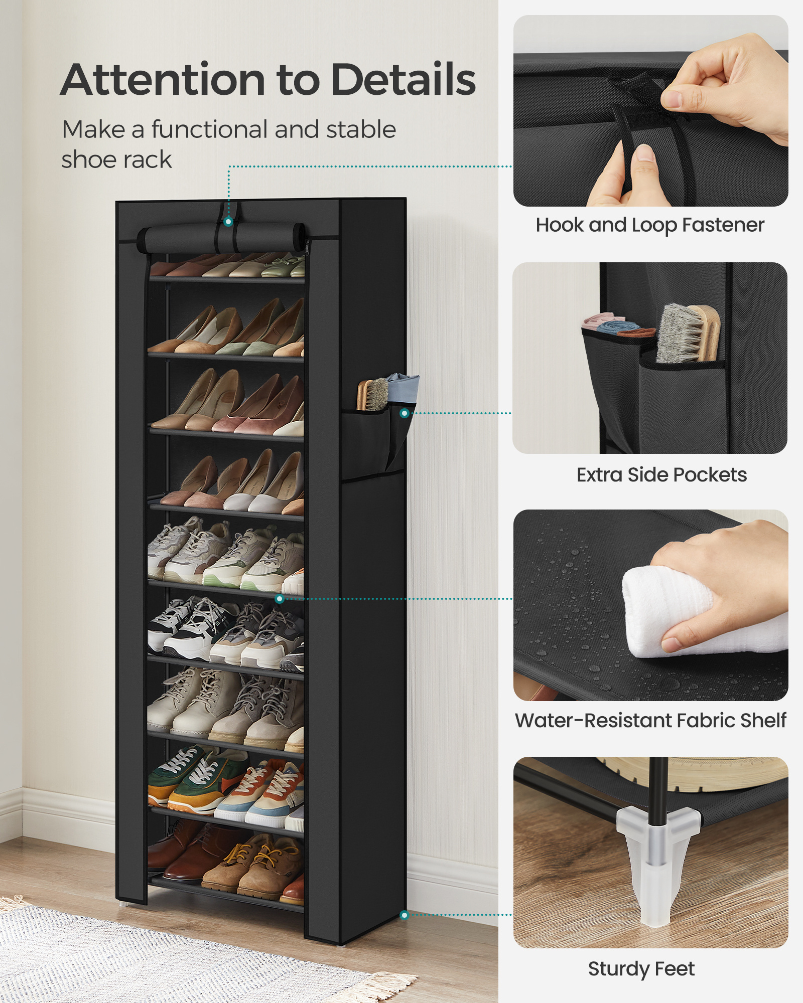 SONGMICS Dustproof Large Shoe Rack Storage With Cover Black 10 Layer Single Row Cloth Shoe Rack Cabinet For Garage