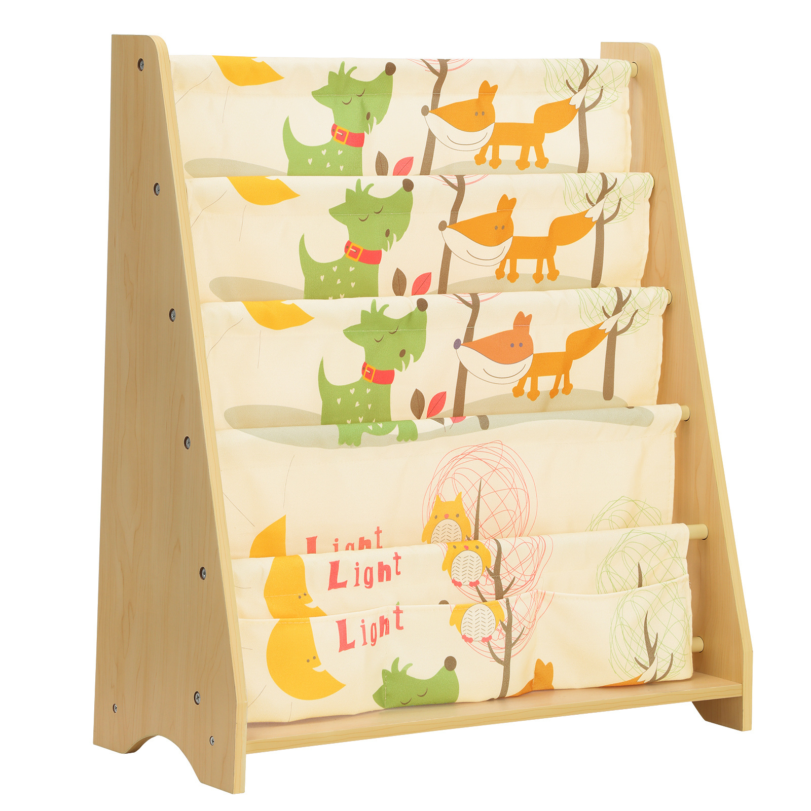 SONGMICS kids 4 Tier Fabric Book Shelves wooden Children's Sling bookcase