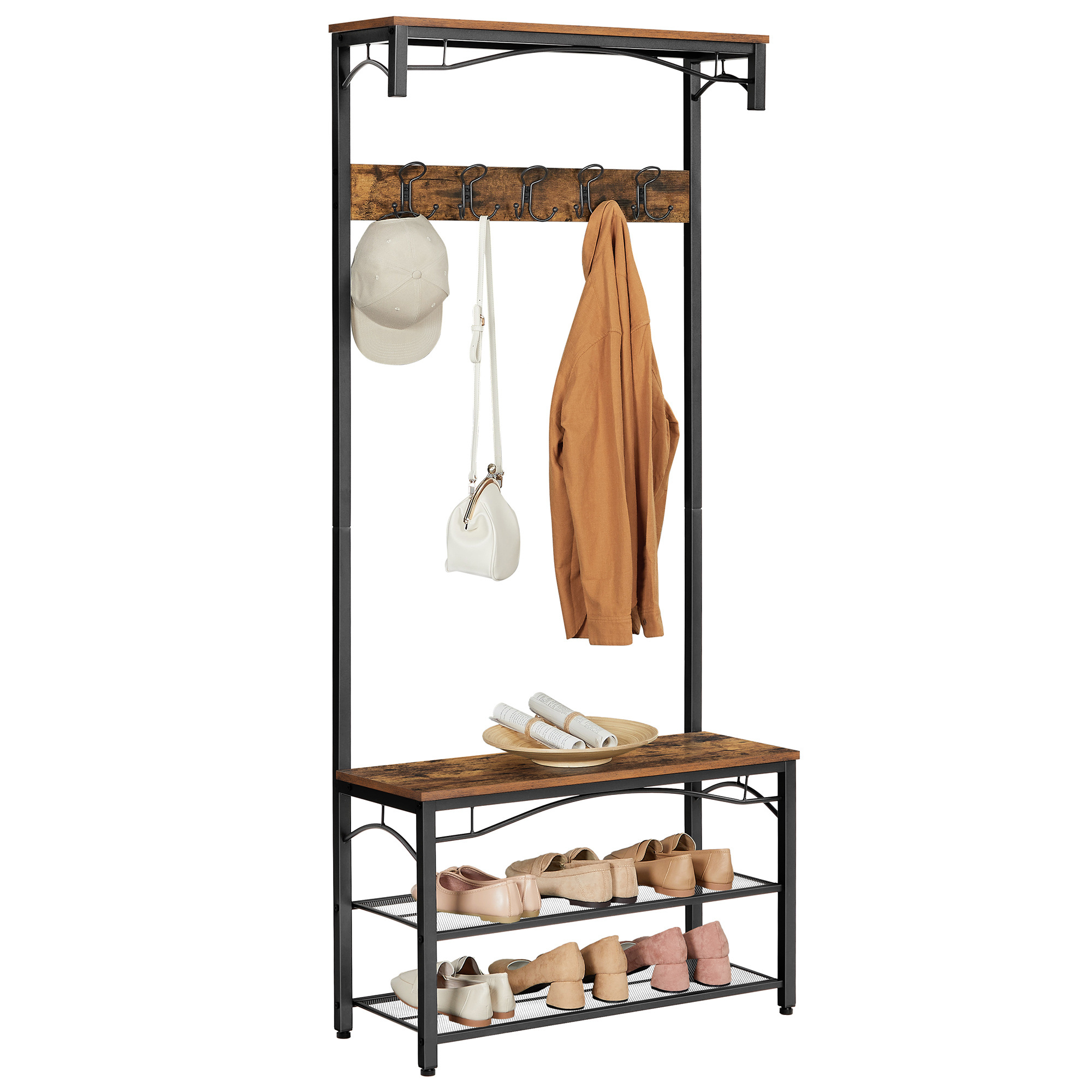 VASAGLE Industrial wood garment racks coat clothing Hallway Shoe Rack and Bench with Shelves Coat Rack Stand