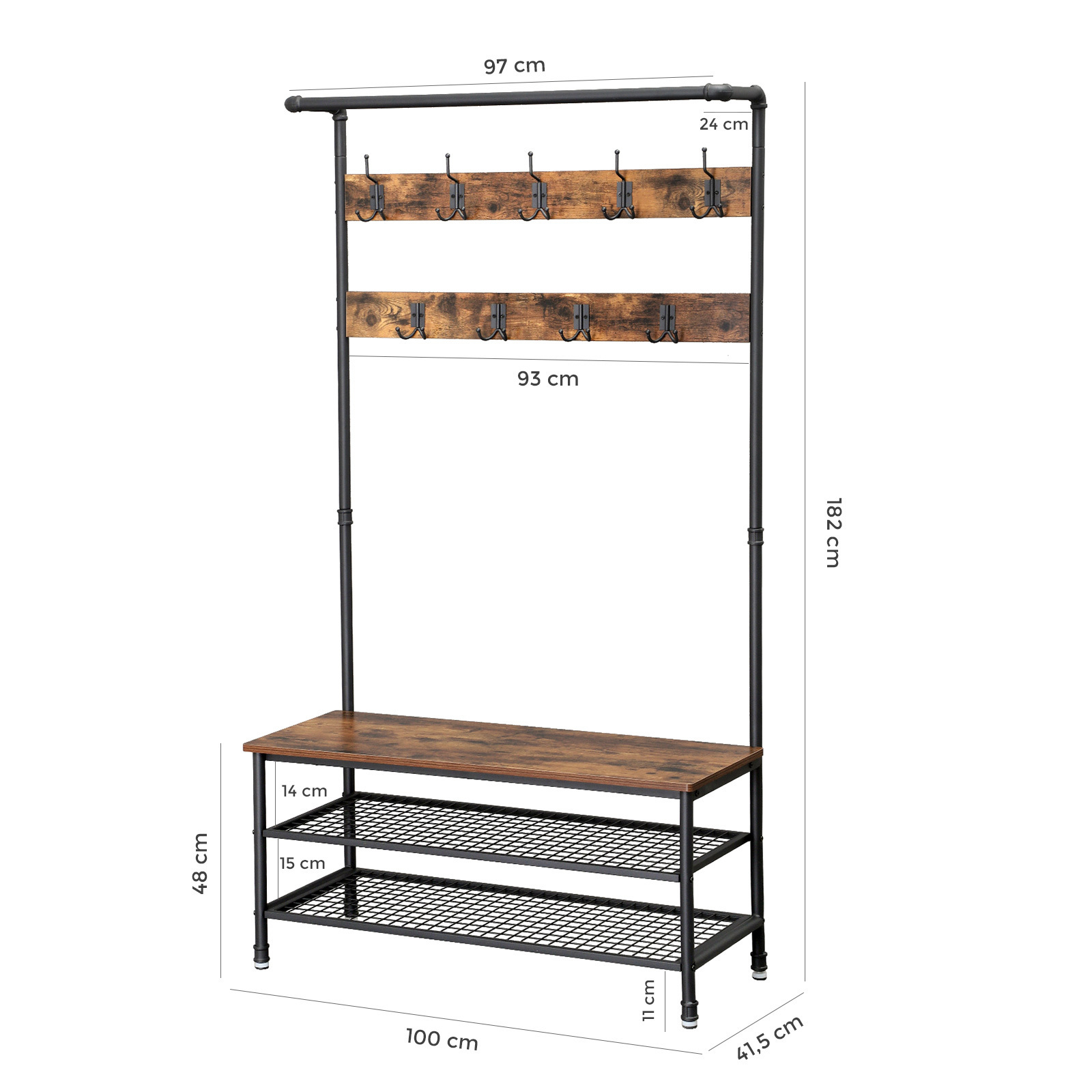 Metal Frame Furniture Industrial Coat Rack Entryway Shoe Bench Storage Shelf Organize Coat Rack