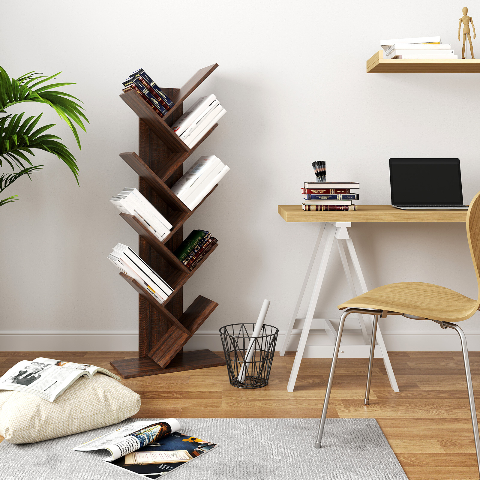 VASAGLE LBC11BY Creative Design Small library book shelf Simple Book Rack Free Standing Corner tree bookshelf wood