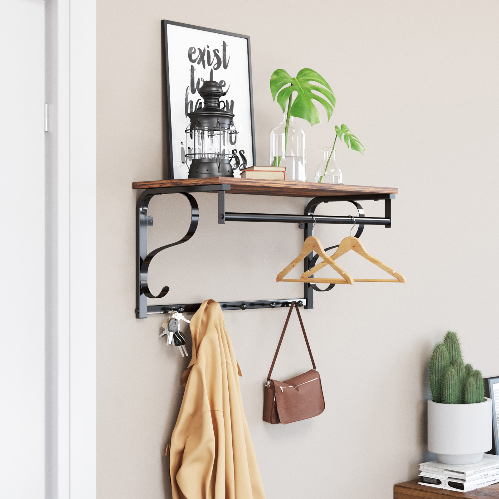 VASAGLE 5 hooks wooden coat rack shelf wall-mounted antique wall coat racks with storage shelves