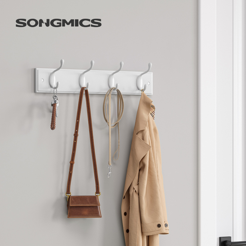 VASAGLE Entryway Wooden Wall Hook Rack White Wall-Mounted Coat Rack