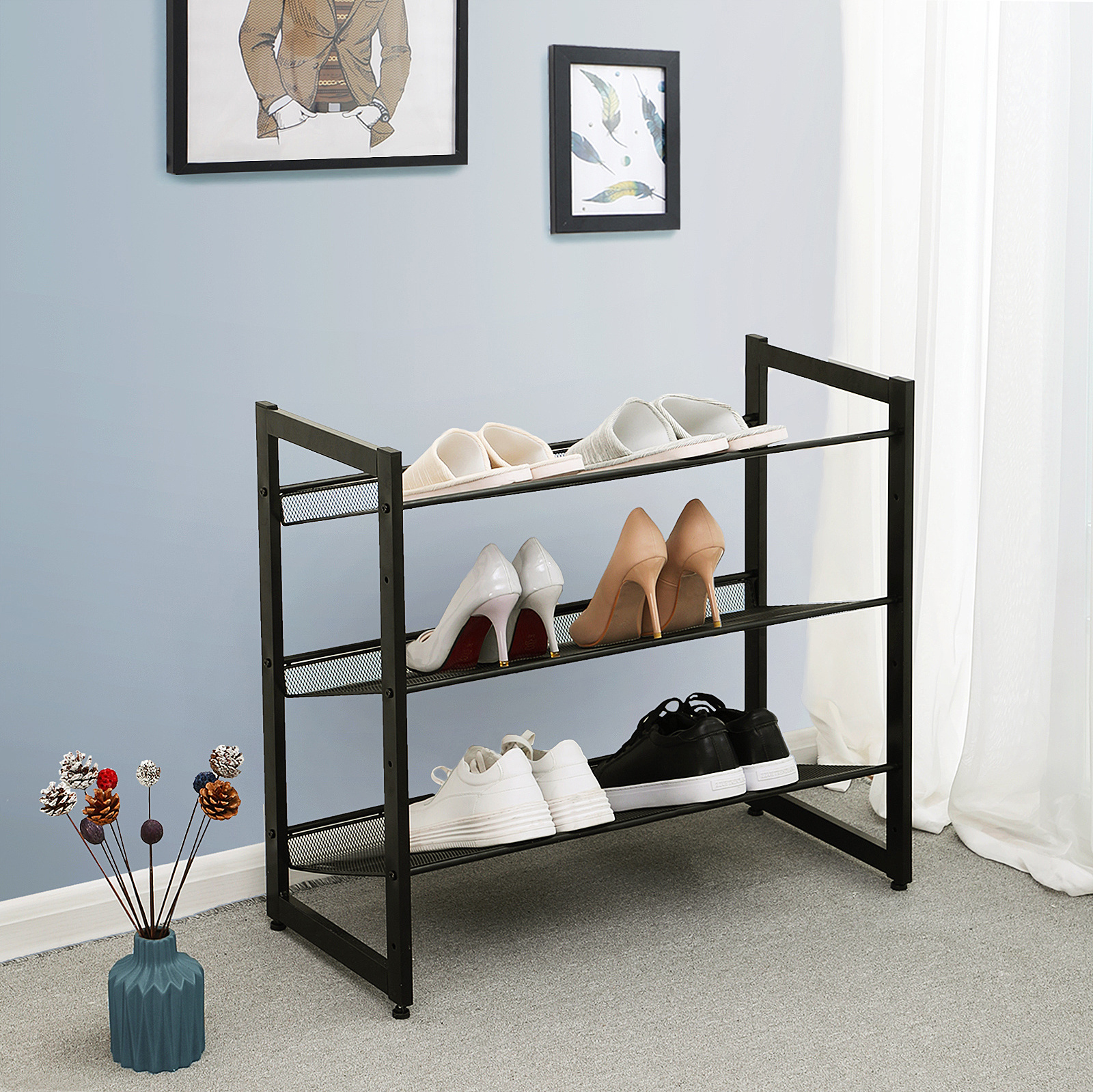 SONGMICS Customized Shoe Rack 3 Tiers Mesh Shelves stackable metal steel shoe rack for Hallway