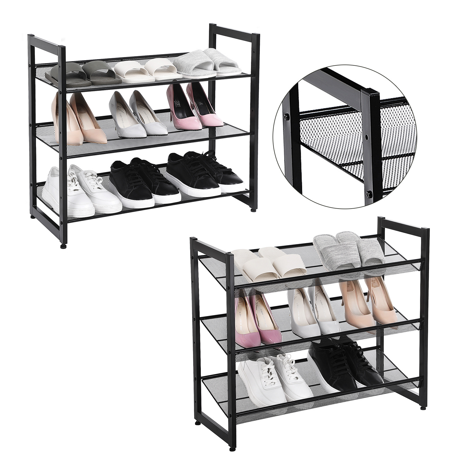 SONGMICS Customized Shoe Rack 3 Tiers Mesh Shelves stackable metal steel shoe rack for Hallway