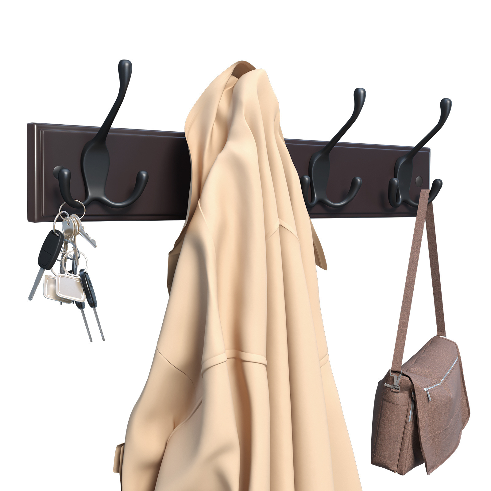 SONGMICS Dark Brown Hook Rack with 4 Tri-Hooks for Clothes Wall Mounted Coat Rack for Entryway Bathroom Closet Room