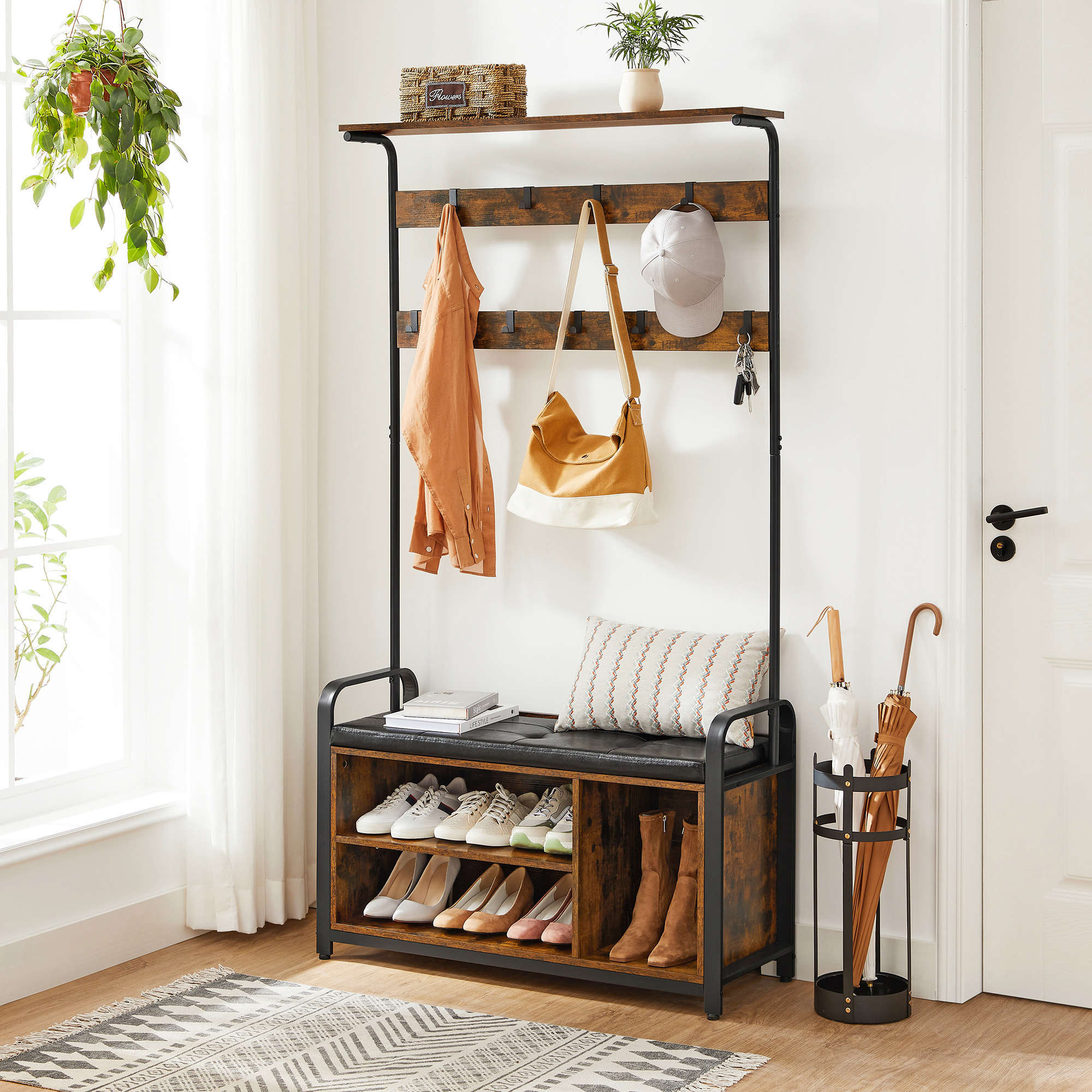 VASAGLE Industrial Hall Tree Entryway Storage with 9 Hooks Free Standing Coat Rack with Padded Storage Bench