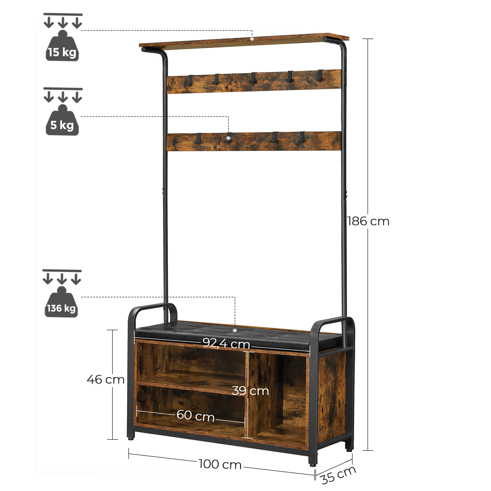 VASAGLE Industrial Hall Tree Entryway Storage with 9 Hooks Free Standing Coat Rack with Padded Storage Bench