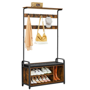 VASAGLE Industrial Hall Tree Entryway Storage with 9 Hooks Free Standing Coat Rack with Padded Storage Bench