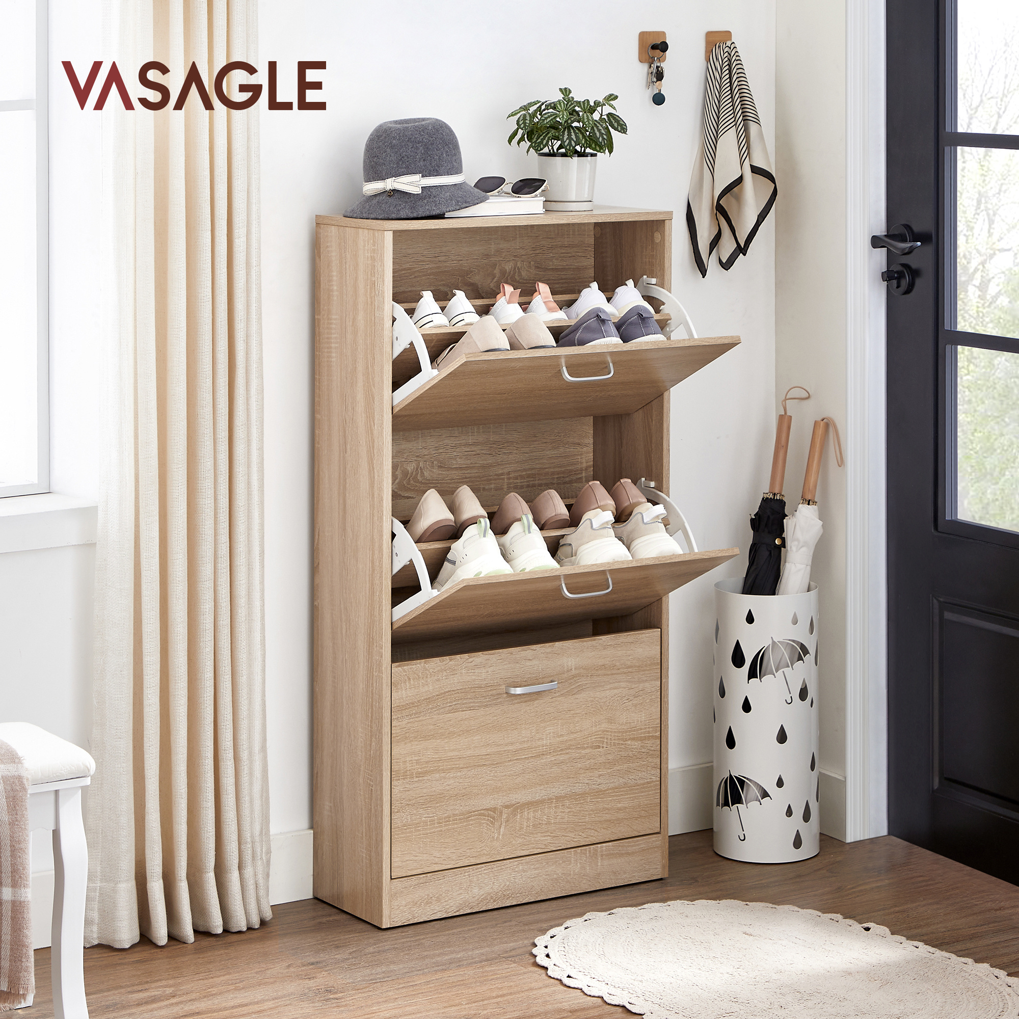 VASAGLE China Wholesale Home Furniture Shoe Rack Wooden 3 Doors Pull Out Shoe Rack