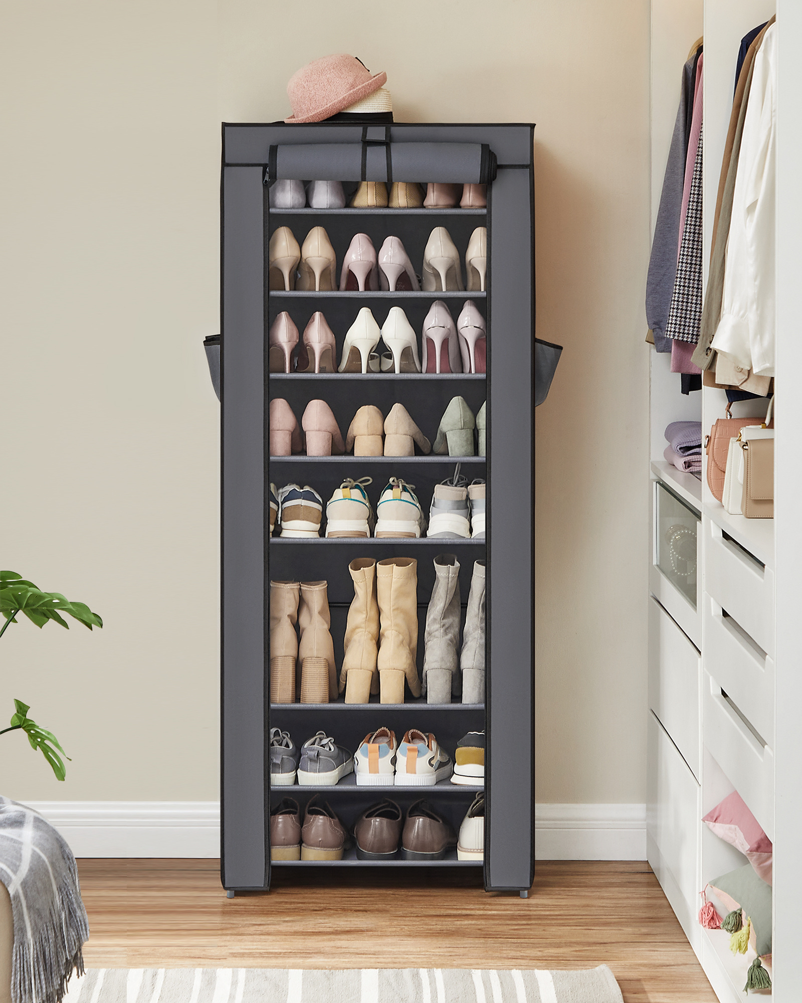 SONGMICS Large Free Standing Gray 10 Layer Single Row Shoe Racks Large Capacity Shelf  Shoe Storage Cabinet