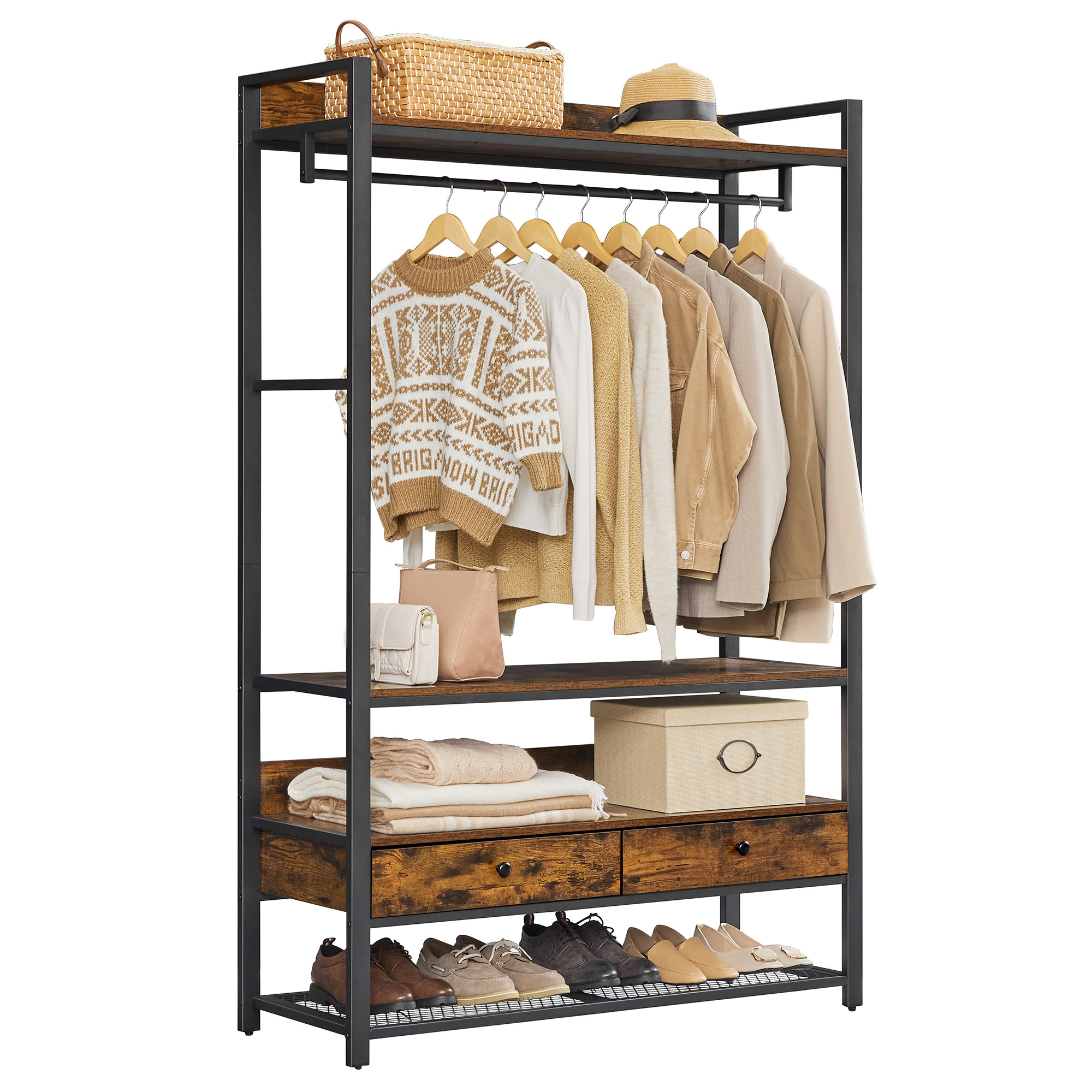 SONGMICS Vintage Brown Clothes Rack Freestanding Closet Organizer Metal Wardrobe With Drawers And Shelves