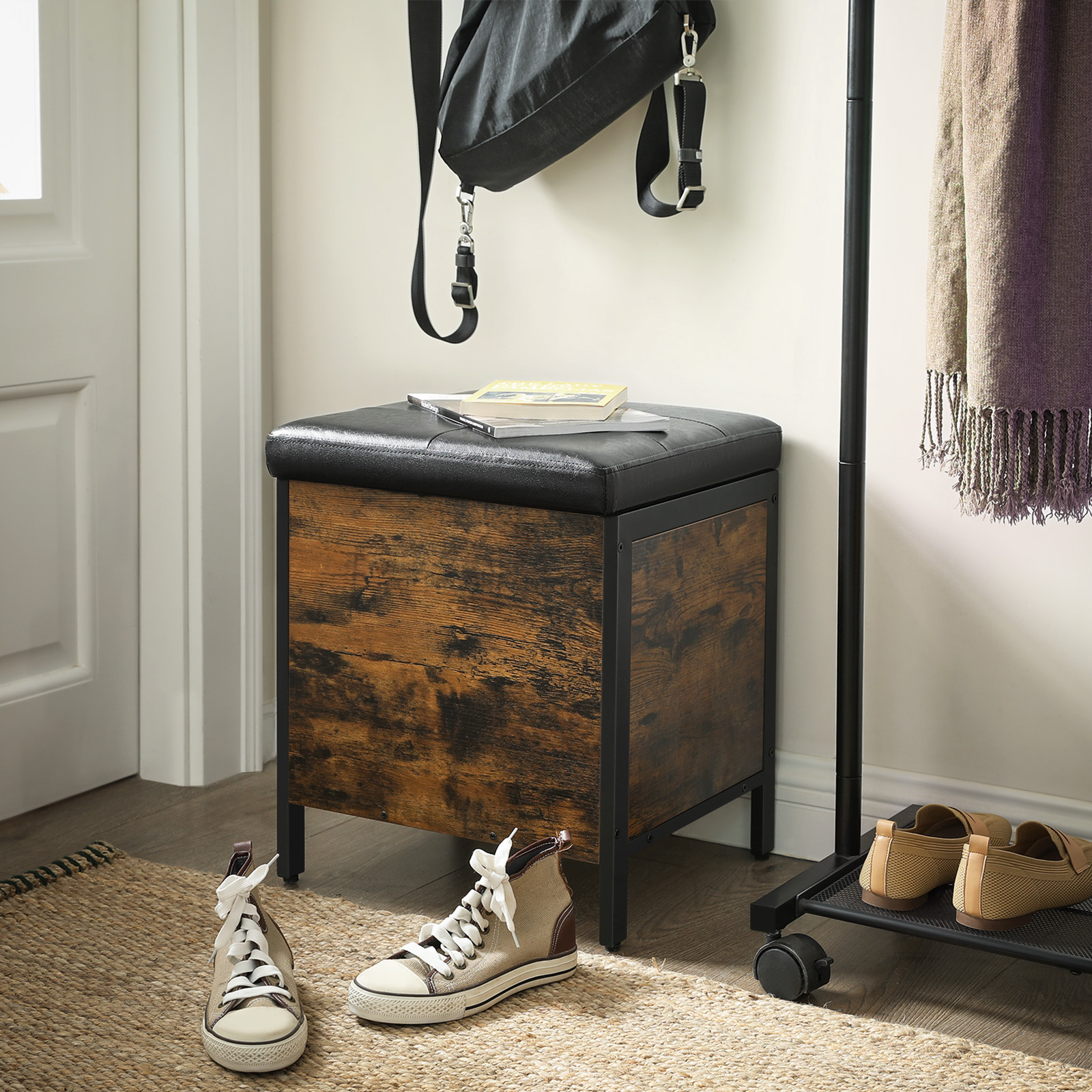 VASAGLE Hallway Brown Black Shoe Bench Storage With Soft Seat Cushion