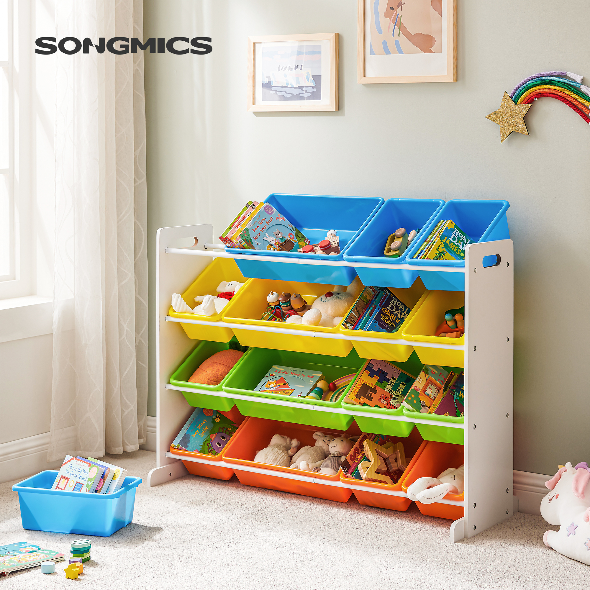 SONGMICS Living Room Playroom Large Capacity 4 Levels Kids Toy Organizer And Storage Shelf