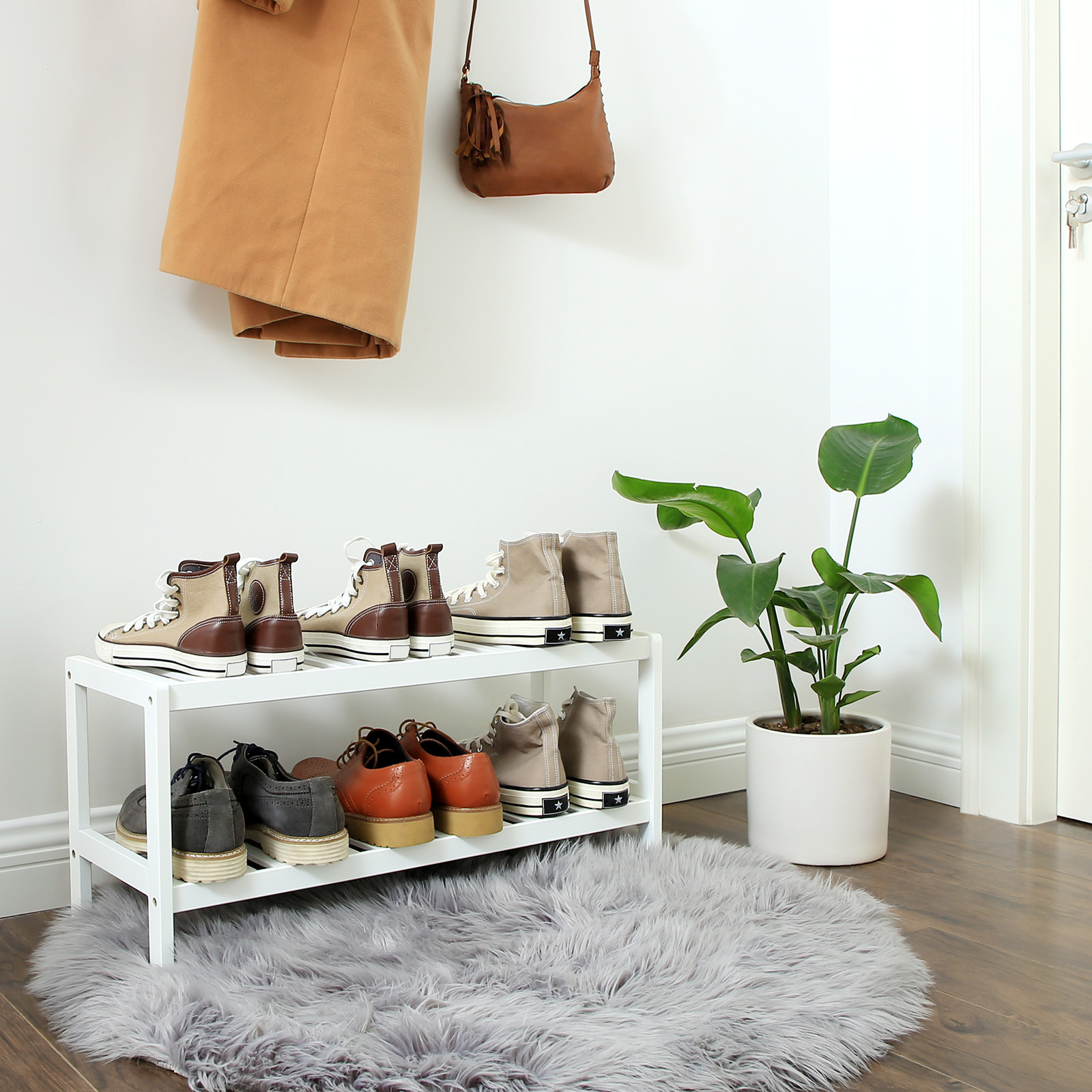 SONGMICS Living Room Hallway Natural Bamboo 2-Tier Shoe Rack