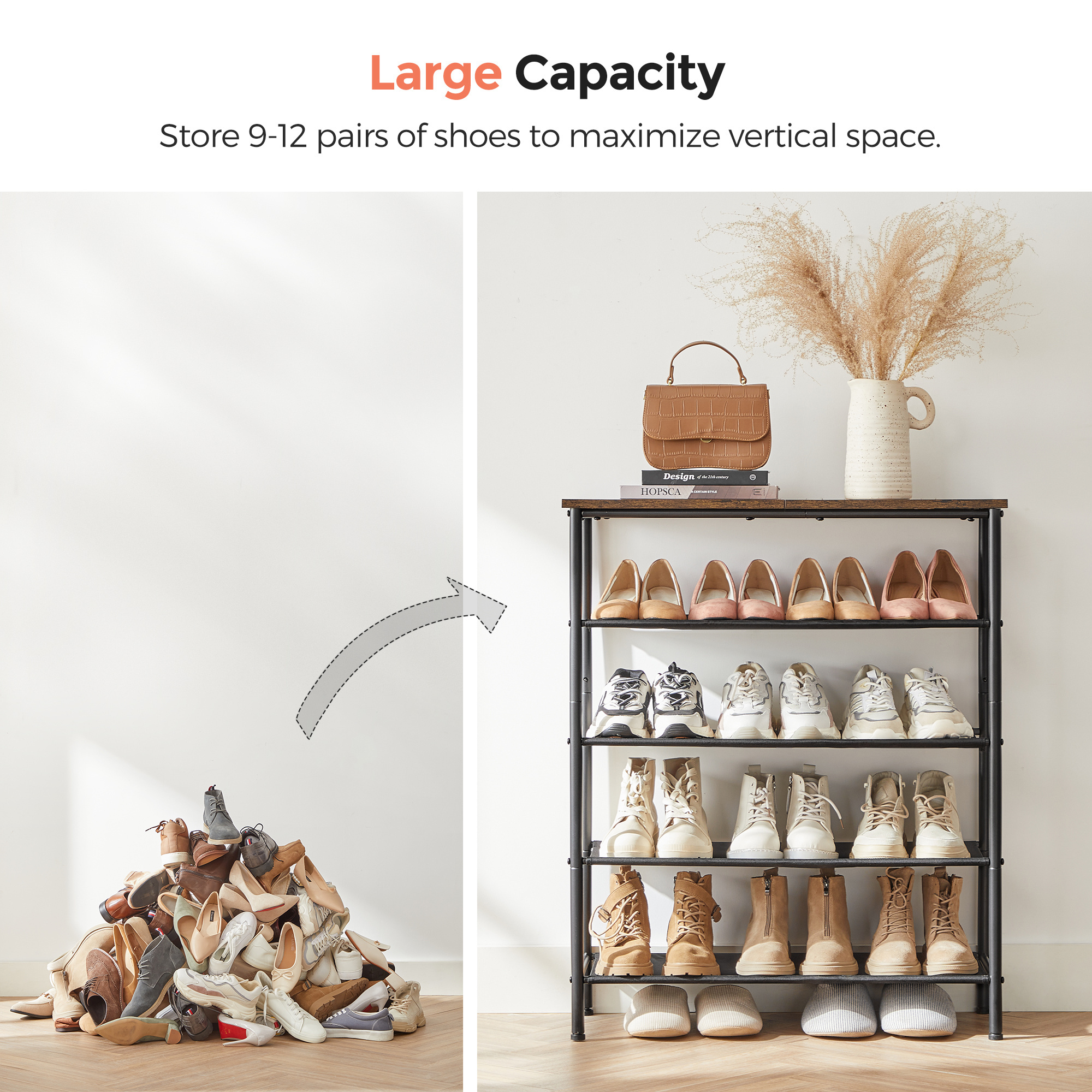 VASAGLE Industrial Shoe Storage Organizer Slim 5 Tier Shoe Rack