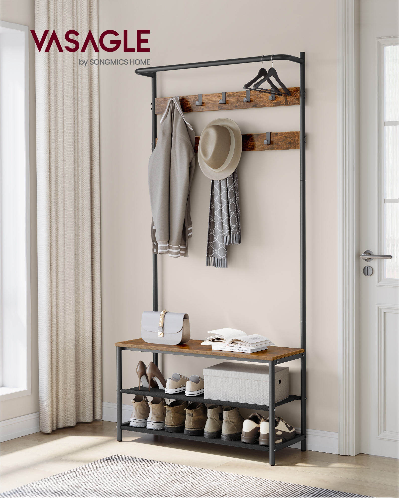 Vasagle new design Industrial hall tree with bench and shoe storage multifunctional gray coat rack with mirror