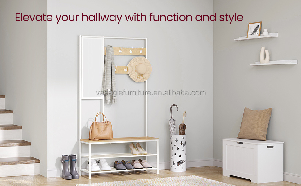 VASAGLE Hot sale Modern Hallway Bedroom Furniture Hall Tree with Mirror Coat Rack shoe bench