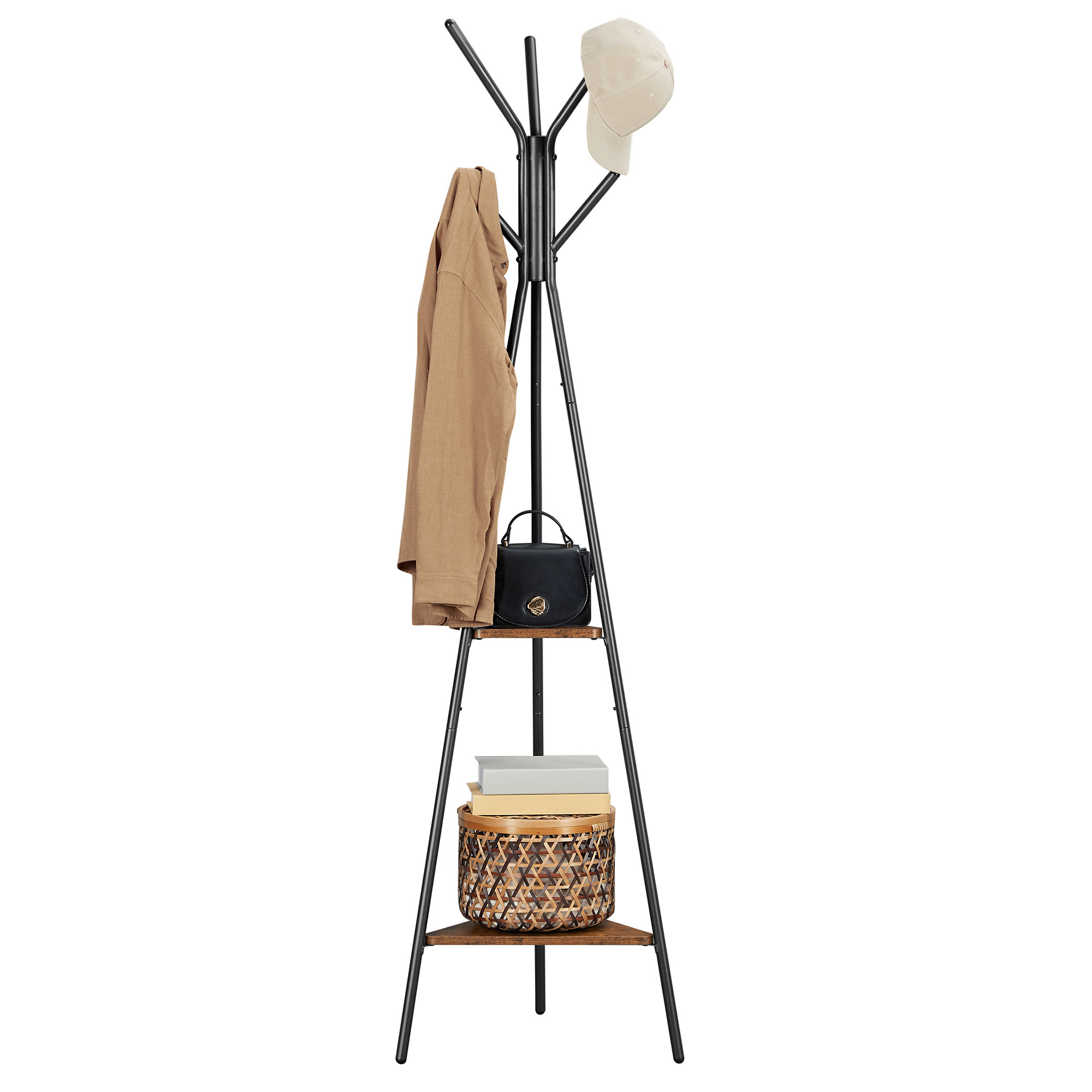 VASAGLE Industrial Style Simple Floor Free Standing Metal Clothes Hat Hanger Coat Rack With 2 Shelves