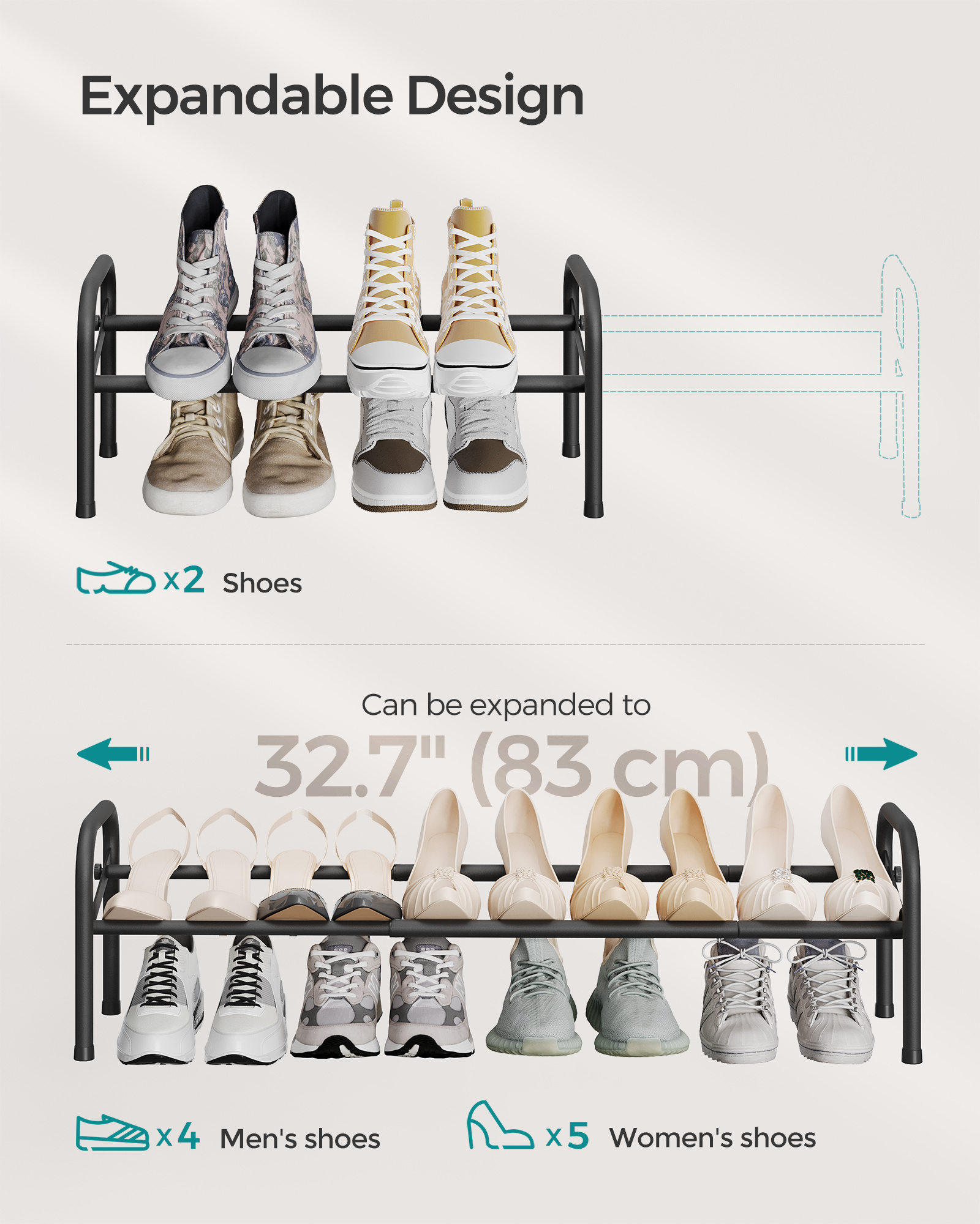 SONGMICS Easy Assembly Free Standing 1-Tier Metal Shoe Shelf Storage Adjustable & Expandable Shoe Rack