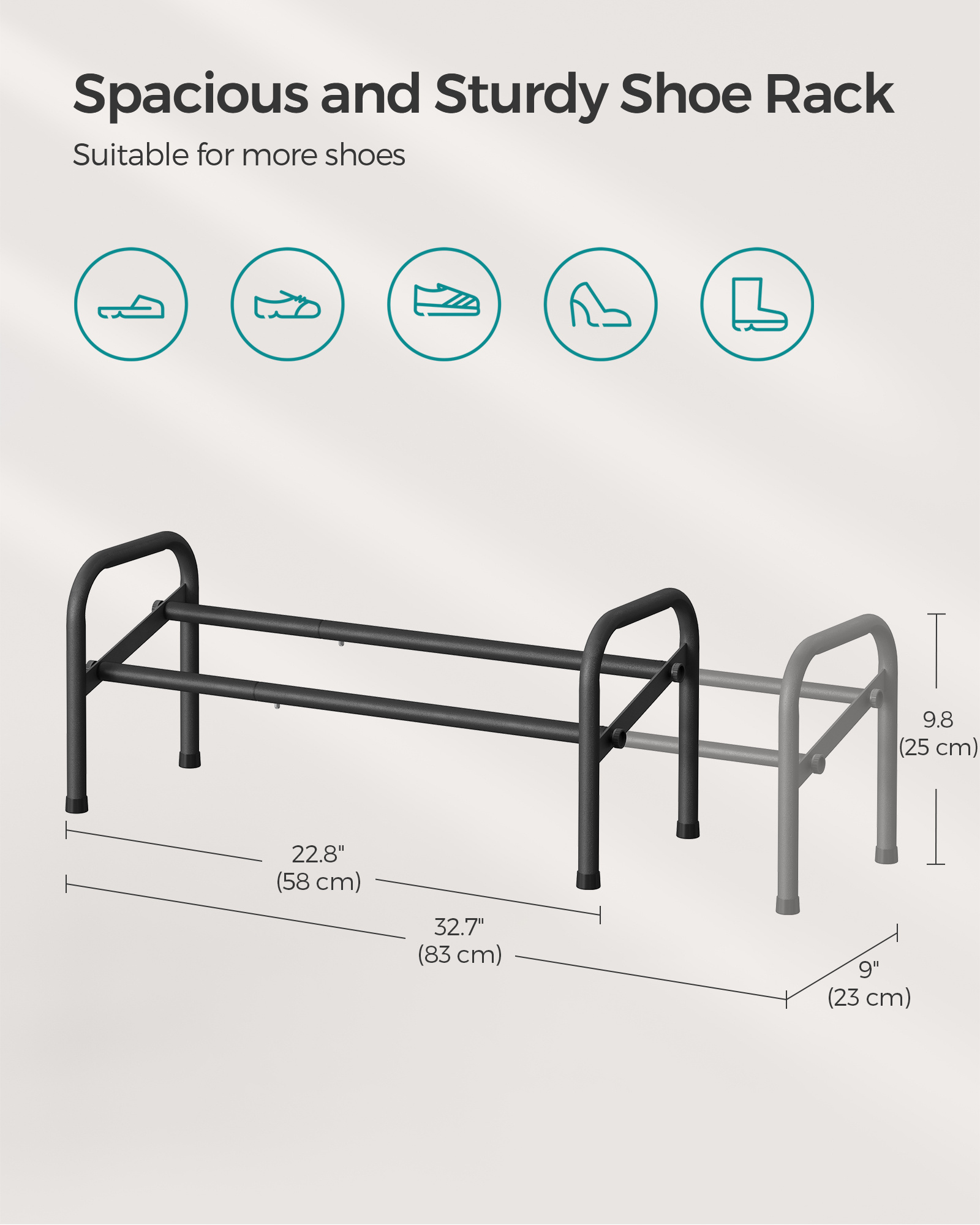 SONGMICS Easy Assembly Free Standing 1-Tier Metal Shoe Shelf Storage Adjustable & Expandable Shoe Rack