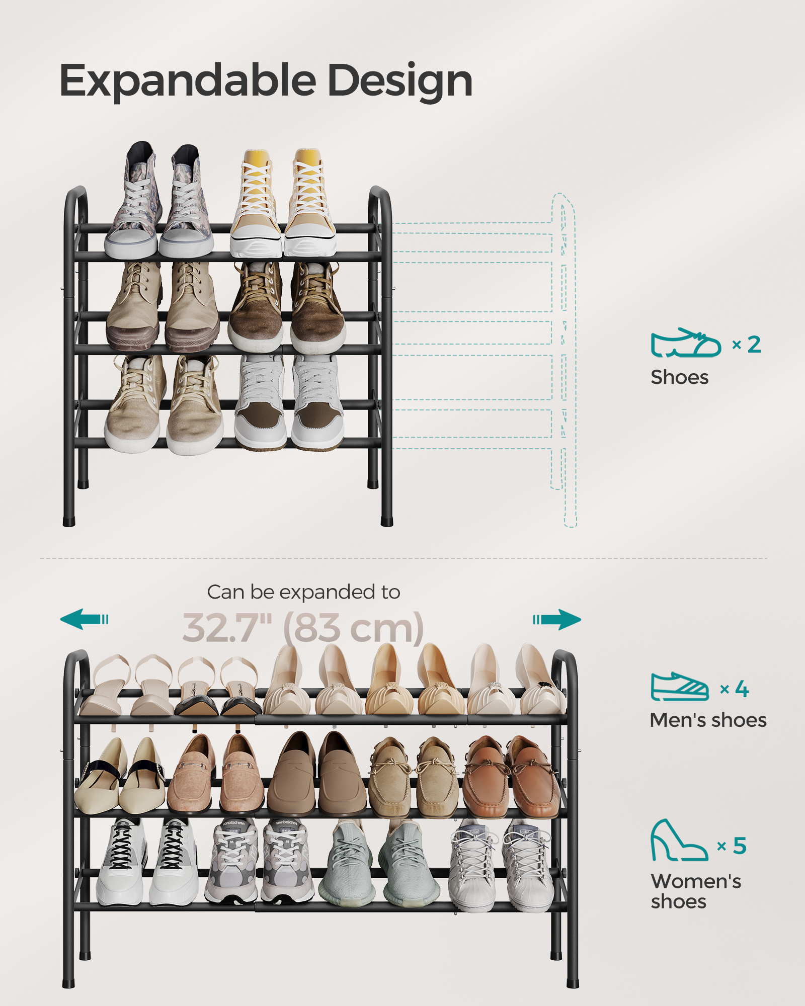 SONGMICS 3-Tier Adjustable Metal Shoe Rack Expandable Free Standing Shoe Organizer for Entryway