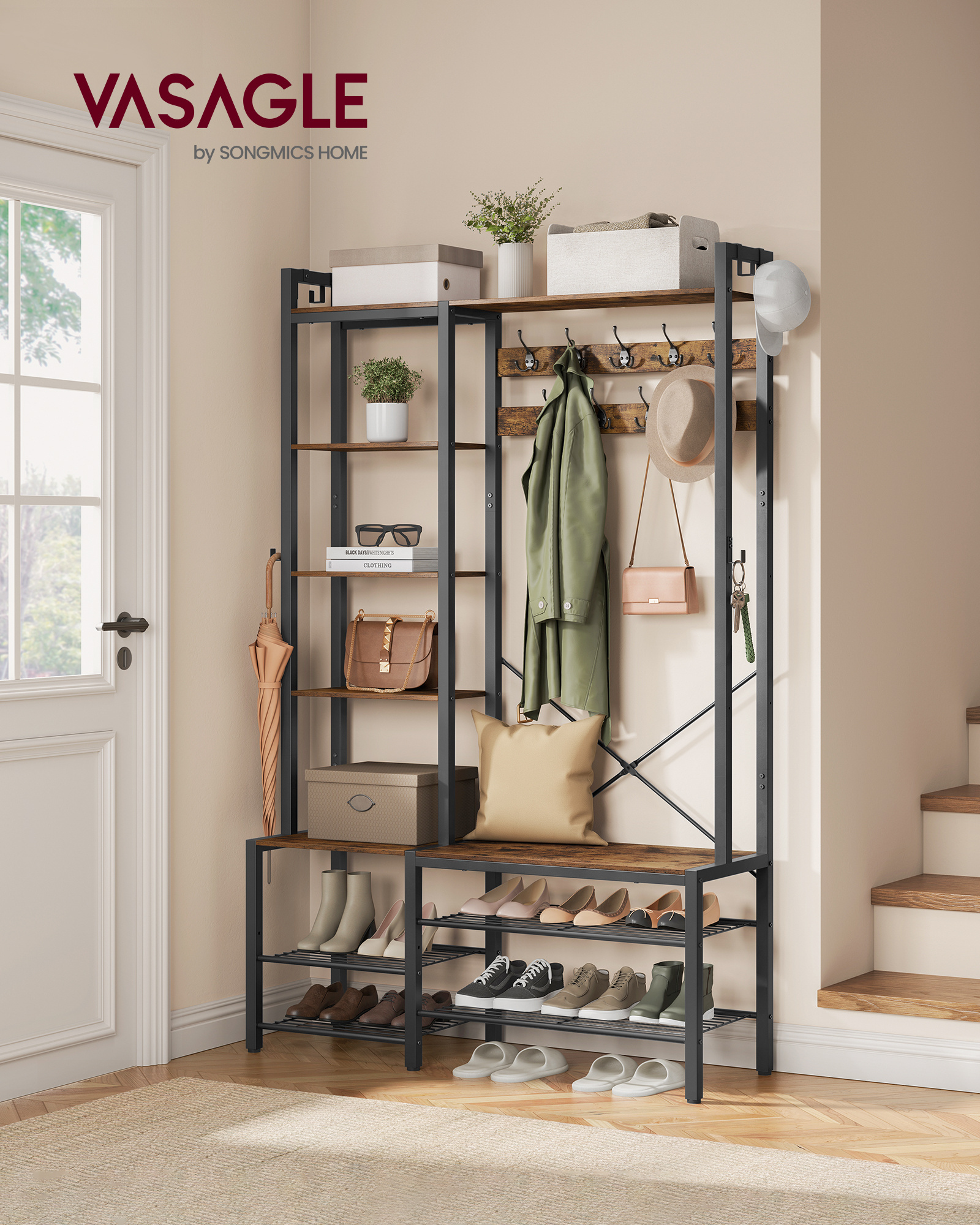 VASAGLE Factory Direct Sales New Entryway Coat Rack Hall Tree With Bench And Shoe Storage