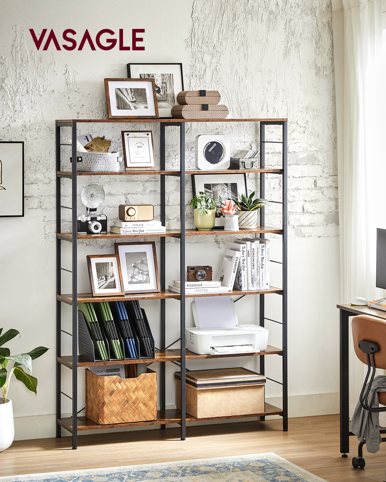 VASAGLE Living Room Furniture Industrial Display Shelves Room Divider Metal Frame 6-Tier Bookshelf