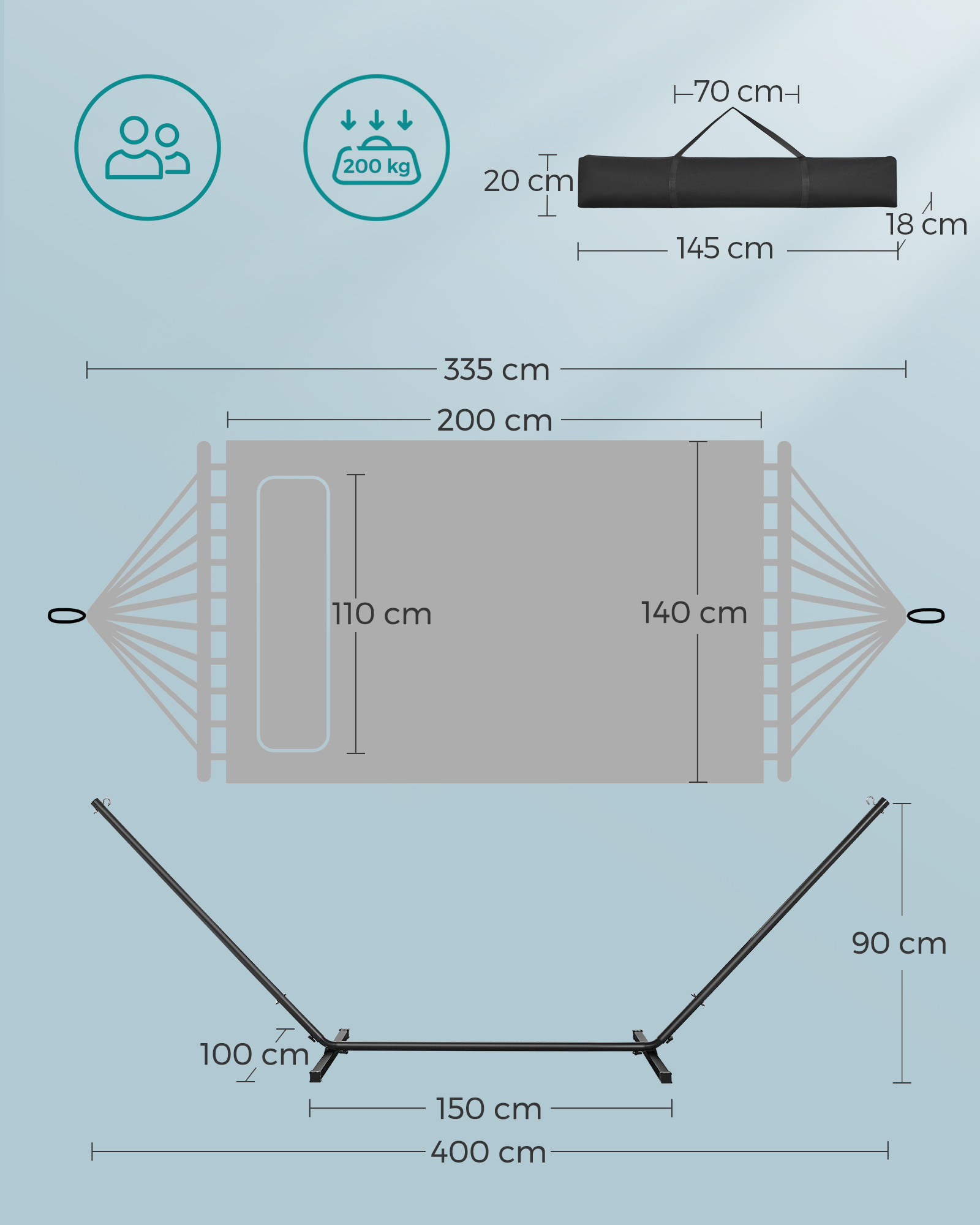 SONGMICS outdoor Hammock with Frame 200 kg Load Capacity Double Grab Patio Metal Frame Blue Hammock