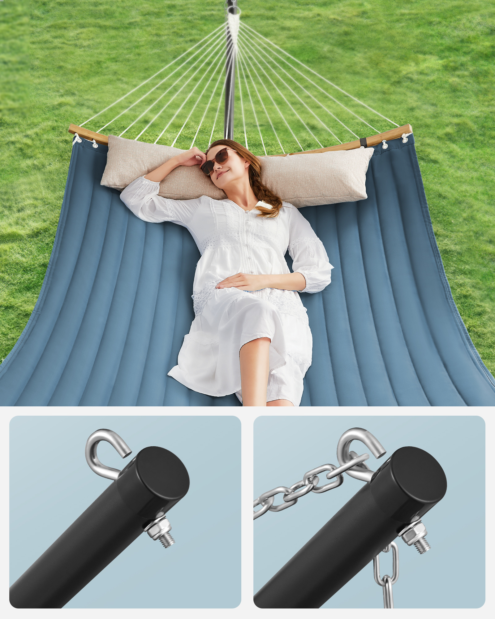 SONGMICS outdoor Hammock with Frame 200 kg Load Capacity Double Grab Patio Metal Frame Blue Hammock