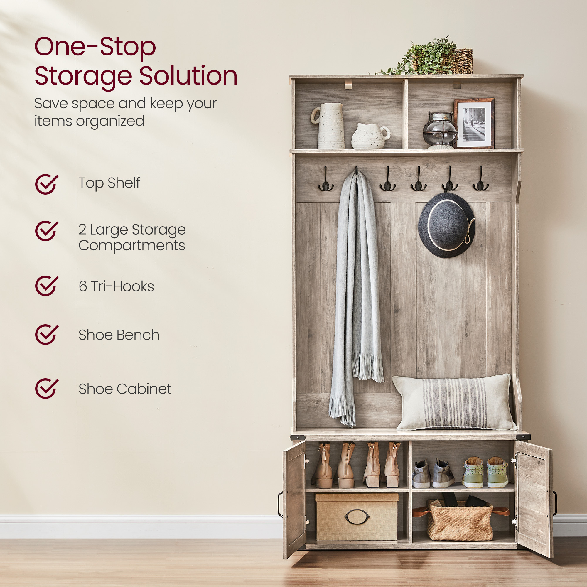 VASAGLE new Entryway 2 Drawers Coat Rack 4-in-1 Wood Hall Tree with Shoe Storage