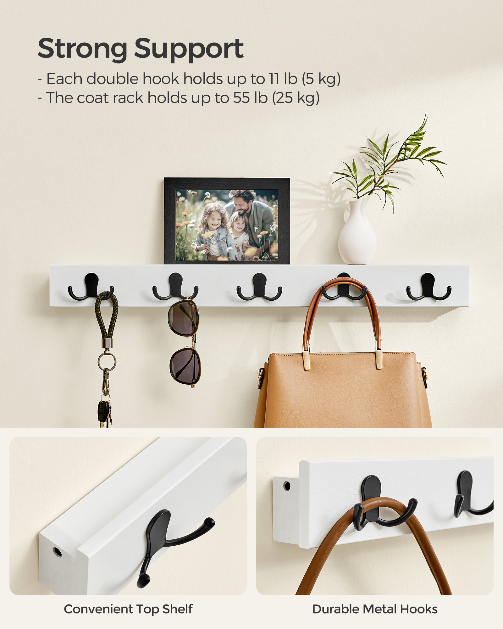 SONGMICS 5 Double Metal Hooks Coat Hooks White Bamboo Coat Rack Wall Mount for Entryway