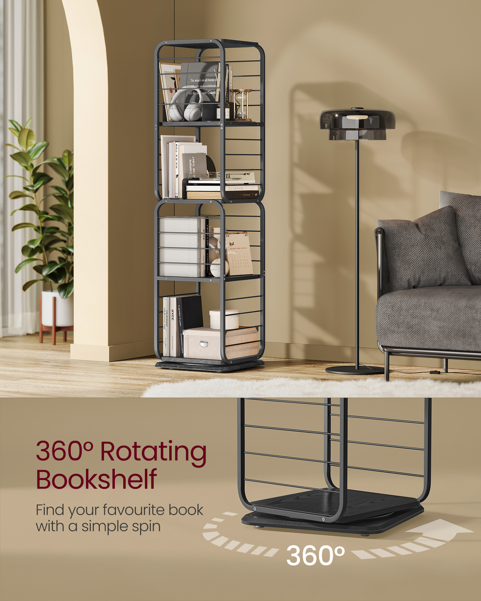 VASAGLE Rotating Bookshelf Standing Shelf Small Spaces Storage Shelf 4-Tier Rotating Bookcase