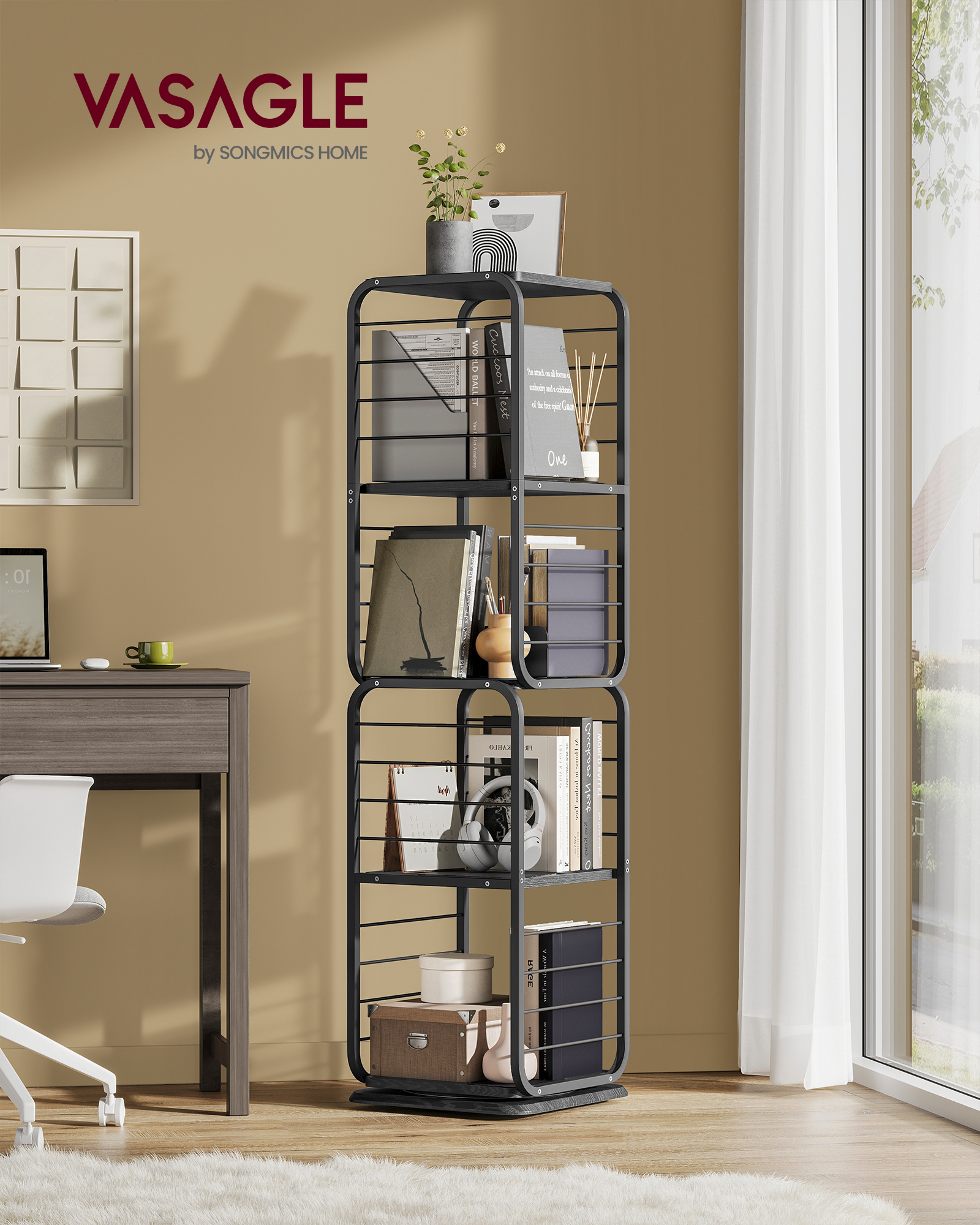 VASAGLE Rotating Bookshelf Standing Shelf Small Spaces Storage Shelf 4-Tier Rotating Bookcase